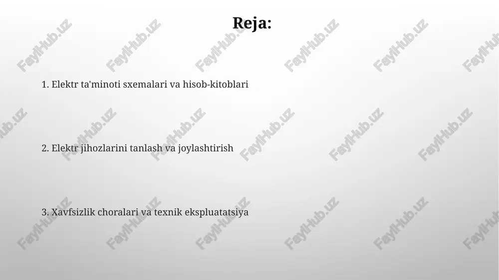 rning har birining quvvati kamida 50 kva bo'lishi lozim. erlashning elektr qarshiligi 4 om dan kam bo'lishi va himoyalash tizimidagi barcha elementlarning ishchanligini ta'minlash uchun yillik tekshiruvlar o'tkazilishi kerak. asosiy elektr jihozlari asosiy elektr jihozlarining nominal kuchlanishi 6-10 kv bo'lib, ularning ishonchliligini ta'minlash uchun zaxiralash tizimi 1+1 yoki 2n sxemasida amalga oshiriladi. 0,4 kv tarmoqlaridagi kabel liniyalarining uzunligi 2 km dan oshmaydi va ularning himoyasini ta'minlash uchun avtomatik o'chirgichlar va differentsial relelar o'rnatiladi. xavfsizlik choralari va himoya vositalari barcha elektr jihozlari erga ulanishi va har 6 oyda kamida bir marta tekshirilishi lozim. bu elektr urishi xavfini 30% gacha kamaytiradi. elektr ishlarini bajarishdan oldin, mas'ul shaxsning ruxsati va kamida 2 nafar mutaxassisning ishtiroki talab etiladi, bu xavfsizlikni ta'minlash uchun muhimdir. quvvat transformatorlari va taqsimlash qurilmalari ko'p fazali 110/10 kv transformatorlarning ishonchliligini oshirish uchun parallel ulangan zaxira transformatorlarni 15% dan kam bo'lmagan quvvat zaxirasi bilan ta'minlash lozim. 0,4 kv tarmoqlardagi elektr energiyasini …