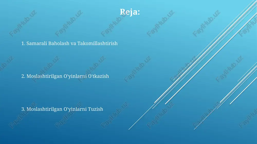yaxshilash uchun, 5-7 daqiqalik qisqa mashqlarni o‘tkazib, har bir rolning o‘yin jarayonidagi o‘zaro ta’sirini namoyish etish tavsiya etiladi. har bir rolning aniq vazifalarini, mas’uliyatlarini va o‘yin qoidalaridagi o‘rni (masalan, rahbar, hisobchi, yordamchi) yozma ravishda belgilab, ishtirokchilarga taqdim etish kerak. o‘yinni 2-4 kishilik guruhlarga bo‘lib, har bir guruhga 3 ta turli vazifa – masalan, to‘pni otish, to‘siqni bosib o‘tish va maqsadga urish – topshiriqlarini taqsimlash samarali bo‘ladi. qatnashchilar bilan muloqot va motivatsiya o‘yin davomida ijobiy munosabat va qo‘llab-quvvatlash muhitini yaratish, har bir qatnashchining muvaffaqiyatini ta’kidlash, ularning o‘ziga bo‘lgan ishonchini 20% ga oshirishga yordam beradi. qatnashchilarning 70% faol ishtirokini ta’minlash uchun o‘yinlarni ularning qiziqishlari va ko‘nikmalariga moslashtirish, individual yondashuvni qo‘llash muhim. motivatsiya darajasini oshirish uchun har 15 daqiqada kichik tanaffuslar va rag‘batlantiruvchi mukofotlar (masalan, sertifikatlar, kichik sovg‘alar) tizimini joriy etish samarali. o'yin natijalarini baholash va tahlil qilish o'yinning murakkabligi darajasini va ishtirokchilarning yoshi va imkoniyatlarini hisobga olgan holda, 5 balldan iborat reyting …