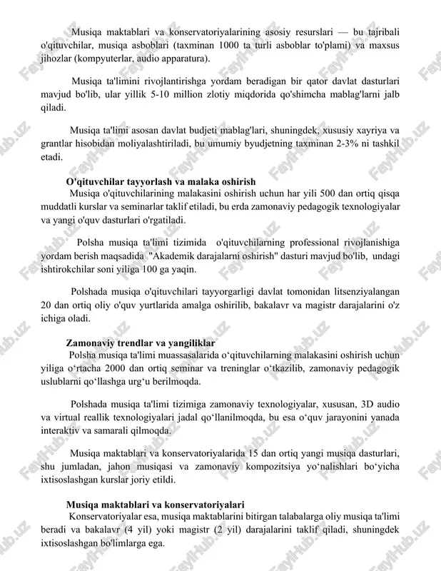 shga yordam beradigan bir qator davlat dasturlari mavjud bo'lib, ular yillik 5-10 million zlotiy miqdorida qo'shimcha mablag'larni jalb qiladi. musiqa ta'limi asosan davlat budjeti mablag'lari, shuningdek, xususiy xayriya va grantlar hisobidan moliyalashtiriladi, bu umumiy byudjetning taxminan 2-3% ni tashkil etadi. o'qituvchilar tayyorlash va malaka oshirish musiqa o'qituvchilarining malakasini oshirish uchun har yili 500 dan ortiq qisqa muddatli kurslar va seminarlar taklif etiladi, bu erda zamonaviy pedagogik texnologiyalar va yangi o'quv dasturlari o'rgatiladi. polsha musiqa ta'limi tizimida o'qituvchilarning professional rivojlanishiga yordam berish maqsadida "akademik darajalarni oshirish" dasturi mavjud bo'lib, undagi ishtirokchilar soni yiliga 100 ga yaqin. polshada musiqa o'qituvchilari tayyorgarligi davlat tomonidan litsenziyalangan 20 dan ortiq oliy o'quv yurtlarida amalga oshirilib, bakalavr va magistr darajalarini o'z ichiga oladi. zamonaviy trendlar va yangiliklar polsha musiqa ta'limi muassasalarida o‘qituvchilarning malakasini oshirish uchun yiliga o‘rtacha 2000 dan ortiq seminar va treninglar o‘tkazilib, zamonaviy pedagogik uslublarni qo‘llashga urg‘u berilmoqda. polshada musiqa ta'limi tizimiga zamonaviy texnologiyalar, …