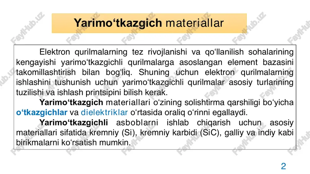 shilik yorug‘lik (radiatsiya)ga bog‘liq. 5 tenzorezistor(deformatsiya o‘lchagich)da - qarshilik mexanik deformatsiyalarga bog‘liq. ko‘pgina yarimo‘tkazgichli qurilmalarning ishlash printsipi elektron-teshik birikmasi p-n - o‘tish xususiyatlariga asoslanadi. yarimo‘tkazgichli diodlar bu bitta p-n o‘tish va ikkita chiqishga ega bo‘lgan yarimo‘tkazgichli qurilma bo‘lib, uning ishlashi p-n o‘tish xususiyatlariga asoslanadi. p-n o‘tishning asosiy xususiyati bir tomonlama o‘tkazuvchanlikdir - tok faqat bitta yo‘nalishda oqadi. diyodning shartli grafik belgisi (shgb) qurilma orqali tokning yo‘nalishini ko‘rsatadigan o‘q shakliga ega. 6 strukturaviy ravishda, diod korpus ichida o‘rnatilgan p-n-o‘tish joyidan (mikromodulli korpusga ega bo‘lmaganlardan tashqari) va ikkita o‘tkazgichdan iborat: p-sohasidan - anod, n-sohasidan - katod. ya’ni, diod yarimo‘tkazgichli qurilma bo‘lib, tok faqat bitta yo‘nalishda, anoddan katodgacha o‘tishiga imkon beradi. qurilma orqali o‘tadigan tokning qo‘llaniladigan kuchlanishga bog‘liqligi i=f(u) qurilmaning kuchlanish tok xarakteristikasi (vax) deb ataladi. diyodning bir tomonlama o‘tkazuvchanligi uning vax idan ko‘rinadi (1-rasm). 7 1-rasm. diyodning volt-amper tavsifi 8 impulsli diodlar impuls signalini o‘zgartirish uchun mo‘ljallangan va yuqori tezlikli impulsli sxemalarda …