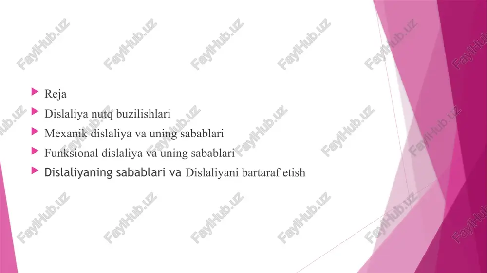 iya qiyinlashadi. jag‘ tuzilishidagi kamchiliklar prikus nonormalliklaiga olib keladi. nonormal prikuslar bir necha xil ko'rinishda bo‘lishi mumkin. prognatiya ― yuqori jag‘ oldinga tomon chiqqan bo'ladi. buning natijasida pastki oldingi tishlar yuqoridagi tishlar bilan biriashmaydi. progeniya ― pastki jag‘ oldinga chiqqan bo‘ladi. ochiq prikus ― yuqori va pastki jag'lar birlashganda ular orasida oraliq masofa qoladi. ayrim hollarda bu oraliq faqat oldingi tishlar orasida bo‘ladi (oldingi ochiq prikus). yoni ochiq prikus ― o‘ng tomonli, chap tomonli va ikki tomonli bo'iishi mumkin. tishlarning (tish qatorining) ― noto'gri tuzilishi ham dislaliyaga sabab bo'lishi mumkin. tishlar va jag'dagi kamchiliklami bartaraf etish shifokor stomatolog tomonidan olib boriladi. tanglayning noto‘g‘ri tuzilishi ― tovushlarning to'g'ri talaffuziga xalaqit beradi tor, baland yoki past, yassi tanglay ko'pchilik tovushlaming to‘g‘ri artikulatsiyasiga imkon bermaydi. lablarining qalinligi ― ingichka va kam harakatchanligi ham lab va lab-tish lovushlarini aniq talaffuziga xalaqit beradi. funksional dislaliya va uning sabablari[tahrir | manbasini tahrirlash] funksional dislaliyada perifcrik nutq …