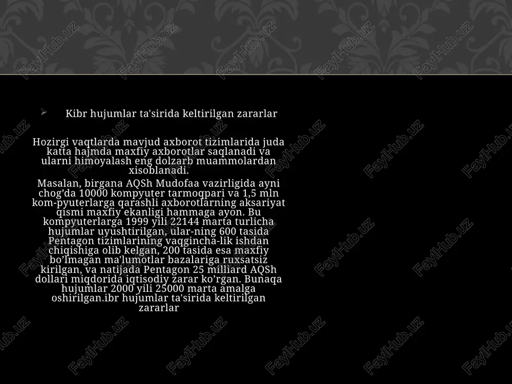 ashovchi 21 yoshli julio sezar ardita qo’lga olingan. buning sababi esa ardi-taning aqsh harbiy dengiz kuchlari, nasa hamda aqsh, braziliya, chili, koreya, meksika, tayvan universi-tetlari kompyuter tizimlariga hujumlar uyushtirgan-ligi va ularga ruxsatsiz kirganligidir. kiber jinoyatchilarning hiylalari axborot tizimlarining asosiy ta'sirchan qismlari quyidagilar: internet tarmog’idagi serverlar. bu serverlar: dasturlar yoki ma'lumotlar fayllarini yo’q qilish or-qali; serverlarni haddan tashqari ko’p tugallanmagan jarayonlar bilan yuklash orqali; jurnalining keskin to’ldirib yuborilishi orqali; brouzer — dasturlarini ishlamay qolishiga olib keluvchi fayllar-ni nusxalash orqali ishdan chiqariladi; ma'lumotlarni uzatish kanallari — biror-bir port orqali axborot olish maqsadida yashirin kanalni tashkil etuvchi dasturlar yuboriladi; ma'lumotlarni tezkor uzatish kanallari — bu kanallar juda ko’p miqdorda hech kimga kerak bo’lmagan fayllar bilan yuklanadi va ularning ma'lumot uza-tish tezligi susayib ketadi; yangiliklarni uzatish kanallari — bu kanallar eskirgan axborot bilan to’ldirib tashlanadi yoki bu kanallar umuman yo’q qilib tashlanadi; axborotlarni uzatish yo’li — internet tarmog’ida yangiliklar paketining marshruti buziladi; ruxsatsiz kirishni …