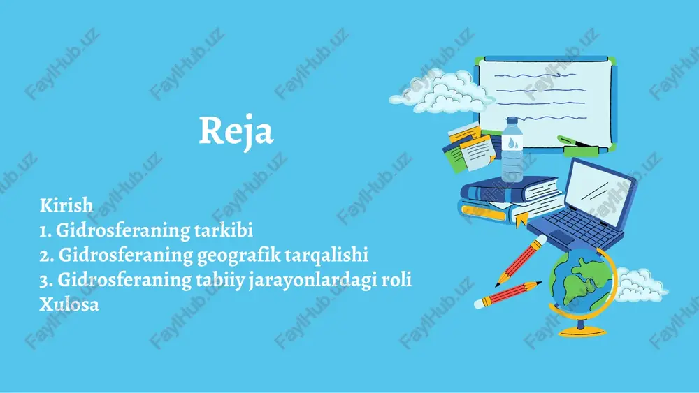 suv resurslarining taqsimoti iqlim, relyef va geologik sharoitlarga bog‘liq. shu sababli, suvdan oqilona foydalanish va uni muhofaza qilish har bir hudud uchun dolzarb masaladir. o h h 3. gidrosferaning tabiiy jarayonlardagi roli gidrosfera tabiatda muhim jarayonlarning asosiy ishtirokchisi bo‘lib, uning roli quyidagilarda namoyon bo‘ladi: - suv aylanishi – quyosh ta’sirida suv bug‘lanadi, atmosfera orqali ko‘chadi, yog‘in sifatida yerga tushadi va yana suv havzalariga qaytadi. bu jarayon gidrosferaning doimiy harakatda ekanligini ko‘rsatadi. - iqlim va ob-havoga ta’siri – okeanlar va dengizlar katta issiqlik sig‘imiga ega bo‘lib, havo haroratini tartibga soladi, yog‘in miqdoriga ta’sir qiladi. - biosferadagi hayot uchun ahamiyati – suv barcha tirik organizmlar uchun zarur. o‘simliklar, hayvonlar va insonlar hayoti gidrosferaga bog‘liq. suv resurslari biosferaning barqarorligini ta’minlaydi. gidrosfera bu jarayonlar orqali geografik qobiqning boshqa elementlari bilan uzviy bog‘lanadi va ekologik muvozanatni saqlashda muhim rol o‘ynaydi. where can we find freshwater? answer oh hanswer answer gidrosfera — yerning geografik qobig‘idagi eng …
