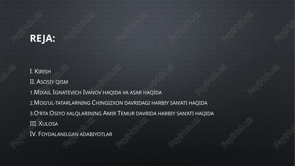 n 1801 yilda tutilgan bulib, boshlangach ta'limni 1-kadetlar maktabida olgan. u uzini rarbiy ishga baxshida etib, 1822 yildan artilleriya brigada- sida praporshchiklik unvoni bilan rarbiy xiz- matni boshlaydi x;amda uz bilim va malakalarini oshirib, amal pillapoyalaridan kutarila bora- di. 1835 yildan orenburg ulkasida xizmat k;ila boshlaydiki, uning x;arbiy-adabiy faoliyatining boshlanishi mana shu davrga turri keladi. xiva ekspeditsiyasi aynan shu orenburg ulka­sida uyushtirilgan edi. katta talafotlar bilan ortga k;aytishga majbur bulgan bu ekspeditsiya (anik;rori, yurish) m.i.ivanin x;ayotida chu kur iz k;oldirdi. bu ekspeditsiyada uning sogligiga jid- diy putur etdi. natijada u rarbiy xizmatni poytaxtga - bosh shtabga kuchirishga majbur bul­di. mana shu davrlardan boshlab u osiyo (xususan, urta osiyo) xalkdarining tarixi va rarbiy san'- atini chukur urgana boshladi; bir necha un yillar davomida u osiyo xalkdarining tarixi x;amda x,arbiy san'ati x,ak,ida kuplab ma'lumotlar tupladi. xizmatiyuzasidan osiyoning juda kup k;ismini kezib chik,k;an rarbiy mutaxassis tuplagan ma'- lumotlarini ma'lum mikdorda tekshirib kurish, chokishtirib …