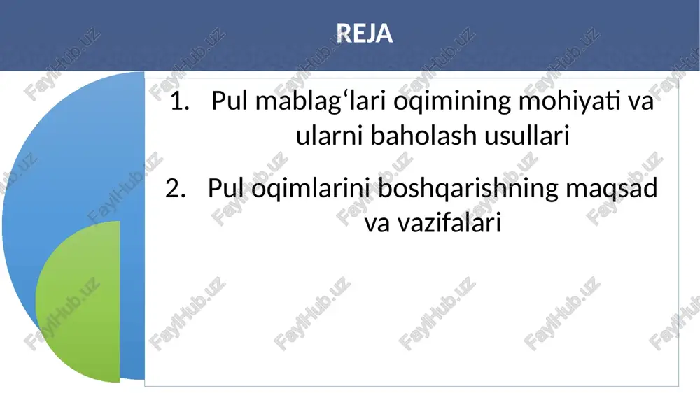 blagʻlari harakatini oʻzida aks ettiradi. moliyaviy-xoʻjalik faoliyati turlari boʻyicha pul oqimlari 8 korxonalarning turli xil faoliyatlari kesimida pul mablagʻlari harakatining umumiy sxemasi 9 korxonalarning turli xil faoliyatlari kesimida pul mablagʻlari harakatining umumiy sxemasi 10 pul mablagʻlarini samarali boshqarish uchun quyidagilarni bilish lozim: pul oqimlarini boshqarishning muhim instrumenti sifatida pul oqimlari toʻgʻrisidagi hisobot keltiriladi 11 aniq bir davrlar boʻyicha talab qilinadigan pul mablagʻlari miqdorlari pul mablagʻlariga boʻlgan ehtiyoj tuzilmasi pul oqimlarining tegishli elementlarini shakllantiruvchi faoliyat turlari va ularning shakllanish mexanizmlari. pul oqimlari toʻgʻrisidagi hisobotdan kelib chiqqan holda moliyaviy menejerlar, shuningdek kreditorlar, aksiyadorlar, investorlar va boshqa manfaatdor shaxslar quyidagi savollarga javob topish imkoniyati yuzaga keladi: 12 qanday asosiy manbalardan va qancha miqdorda pul mablagʻlari olingan va ulardan qaysi yoʻnalishlarda foydalanilgan? korxona oʻz asosiy faoliyati orqali pul mablagʻlari tushumlarini turli xil toʻlovlar summasidan oshirishni ta’minlash imkoniyatiga egami? korxona oʻz majburiyatlari boʻyicha xizmat koʻrsatish va ularni qoplash qobiliyatiga egami? pul oqimlari toʻgʻrisidagi hisobotdan kelib …