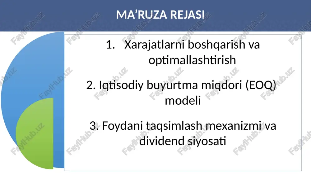 7 korhona xarajatlarining turkumlanishi o’zgaruvchan xarajatlarning miqdori mahsulot ishlab chiqarish hajmining o’sishi yoki kamayishiga qarab o’zgarib turadi, ya’ni mahsulotning hajmiga mutanosib bo‘adi. o’zgaruvchan xarajatlarning tarkibiga ishchilarning mehnat haqi va unga nisbatan ajratmalar, xom ashyo, yonilg’i-moylash materiallari, yoqilg’i va energiya, transport xarajatlari hamda boshqa resurslarning sarfi kiradi. o’zgaruvchi xarajatlarning o’ziga xos xususiyati shundan iboratki, mahsulot hajmining oshib borishi bir birlik mahsulotga to’g’ri keluvchi o’zgaruvchan xarajatlarning o zgarishiga ta’sir ko rsatmaydi. 8 korhona xarajatlarining turkumlanishi xo’jalikning ishlab chiqarish, operatsion, moliyaviy va boshqa faoliyati natijasida yuzaga keladigan xarajatlar o zbekiston respublikasi vazirlar mahkamasining 1999 yil 5 fevraldagi 54-sonli qarori bilan tasdiqlangan «mahsulotlar (ishlar, xizmatlar) ni ishlab chiqarish va sotish xarajatlarining tarkibi hamda moliyaviy natijalarni shakllantirish tartibi to’g’risidagi nizom» ga muvofiq turkumlanadi. 9 xarajatlarni rejalashtirish bozor iqtisodiyoti sharoitida korxonada xarajatlarni rejalashtirish xarajatlar tarkibini aniqlashdan va mahsulot (ish va xizmat)larning reja tannarxini dastlabki baholashdan boshlanadi. xarajatlarni rejalashgirish ishlab chiqarish jarayonida iste’mol qilinadigan tovar-moddiy zaxiralarning qiymati …