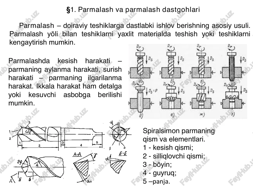 qi va ichki rezbalar, har xil ariqchalar ochiladi. §2. frezalash va frezalash dastgohlari frezalash – yassi va fasonli yuzalarga kōp tishli kesuvchi asbob yordamida keng tarqalgan yukori unumli ishlov berish usuli. frezaning har bir tishinikeskich deb kōrsa bōladi. frezalashda kesish harakatni freza, surish harakatni stolga ōrnatilgan xomaki bajaradi. frezalashning ikkita asosiy turi mavjud: silindrli va toretsli frezalash. silindrli frezalashda frezaning ōki kesish jarayonida ishlanadigan yuzaga parallel bōlib, toretsli frezashda esa – tik bōlib harakatlanadi. frezalarning asosiy turlari a – tsilindrik freza; b– uch tomonli disk freza; v,g,d – torets frezalar; e, j,z,i fasonli frezalar; k ,l – silindrik uch freza; m – frezalar komplekti; p – galdirgoch dumli freza; o – t simon freza; p- shlonka pazlarni ōyish freza; gorizontal frezalash dastgohlari vertikal frezalash dastgohlari §3. randalash, ōyish, sidirish jarayonlari va dastgohlari randalash, ōyish va sidirish dastgohlarda kesish harakati ilgarilanma harakat bōlib, u gorizontal (randalash dastgohlari), vertikal (ōyish dastgohlari) yoki …
