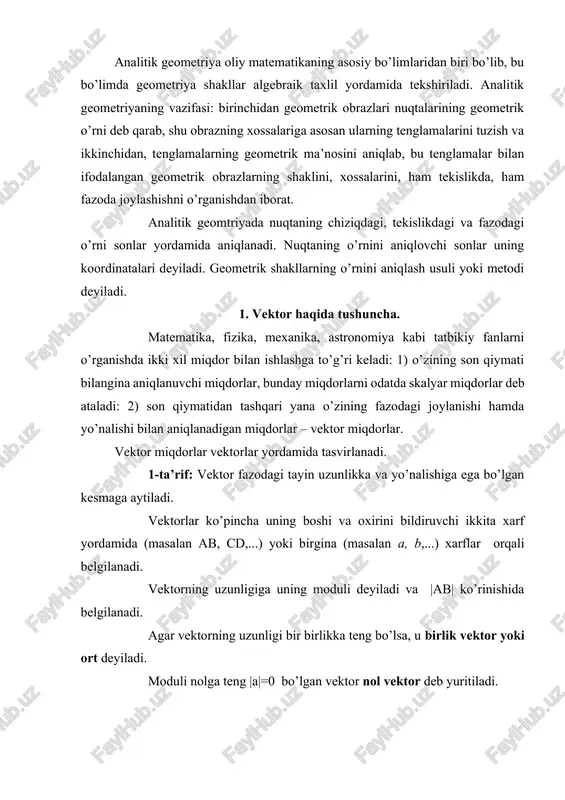 a tekislikda yotuvchi yoki shu tekislikka parallel bo’lgan vektorlar esa komplanar vektorlar deb ataladi. kollinear so’zi lotincha «com» ya’ni birgalikda yoki umumiy ma’nosidagi va «linia» ya’ni chiziq ma’nosidagi so’zlardan tuzilgan bo’lib, «chiziqdosh» degan ma’noni bildiradi. 3-ta’rif: uzunliklari teng bo’lagan va bir xil yo’nalishga ega bo’lgan vektorlar teng vektorlar deyiladi. 4-ta’rif: uzunliklari teng bo’lib yo’nalishlari qarama-qarshi bo’lgan ikki vektorni qarama-qarshi vektorlar deb ataladi. 2. vektorlar ustida amallar. vektorlarni qo’shish, ayirish amallari o’rta maktab dasturidan ma’lum bo’lgan uchburchak va parallelogramm qoidalariga asosan amalga oshiriladi. 5-ta’rif: boshlari biror a nuqtada yotgan ikki ab va ad vektorning yig’indisi deb shu ikki vektordan yasalgan abcd parallelogramning a uchidan s uchiga yo’nalgan va uzunligi ac dioganalning uzunligiga teng bo’lgan ac vektorga aytiladi, ya’ni ab+ad=ac a v s d berilgan vektordan vektorni ayirish uchun ixtiyoriy o nuqtadan boshlab oa= va ob = vektorlar yasaladi, so’ngra ob vektorning vektor uchidan oa vektorning a uchiga yo’nalgan ba vektor yasaladi. …