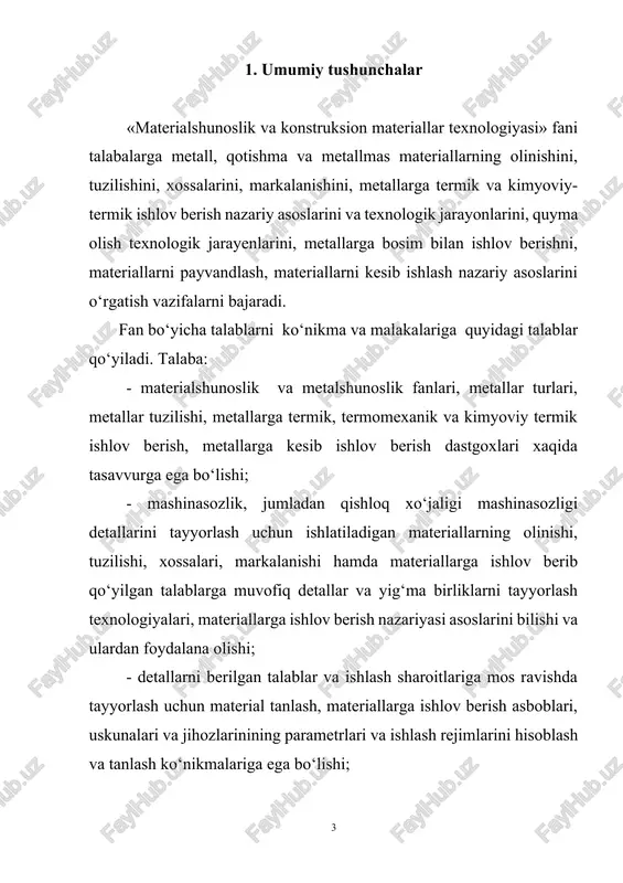 siy mexanik xossalarini uning chegaraviy kuchlanishlari (asosiy elastiklik va mustahkamlik xarakteristikalari), plastiklik ko’rsatkichlari, qattiqligi va zarbiy qovushqoqligi tashkil etadi. konstrukstion materiallar o’z xossalari bo’yicha shartli ravishda plastik va mo’rt materiallarga bo’linadilar. plastik materiallarga kam uglerodli po’lat, mis, alyuminiy va boshqalar kiradi. ular sezilarli deformastiyalanib emiriladilar. mo’rt materiallarga yuqori uglerodli po’lat, cho’yan, beton, tosh va boshqalar kirib, ular juda oz deformastiyalanib emiriladilar. plastik materiallar cho’zilish va siqilishda bir xil qarshilik ko’rsatadilar. mo’rt materiallar cho’zilishga qaraganda siqilishga yaxshiroq qarshilik ko’rsatadilar. materiallarning xossalarini materialdan yasalgan maxsus namunalarni sinash orqali aniqlanadi. cho’zilish va siqilishga sinash statik sinovlar ichida keng tarqalgan va oddiy hisoblanib, uning natijalari asosida materialning boshqa deformastiyalarga qarshilik ko’rsatish qobiliyatlari haqida xulosa qilish imkonini beradi. cho’zilishda sinash uchun stilindrik yoki yassi namunalar qo’llanadi. namuna ishchi qismining diametri d0=10 mm va hisoblash uzunligi 0=10d0=100 mm bo’lgan stilindrik namuna asosiy namuna hisoblanadi. 2. cho’zilish diagrammasi. materialning mustahkamlik xarakteristikalari sinov paytida mashinada n- cho’zilish diagrammasi …