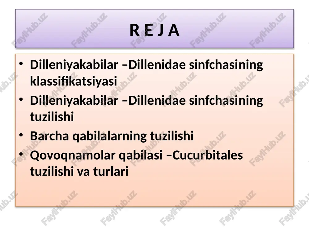 gul formulasi:* ♀♂ sa(5)so5a~ g( 3) xurmonamolar-ebenales qabilasi qabila filogenetik jihatdan choynamolarga yaqin turadi. qabilaga asosan daraxt va butalar kiradi. barglari ketma - ket, ba'zan qarama - qarshi joylashgan. gullari ikki jinsli, ba'zan bir jinsli aktinomorf, changchilari gultojibarglari qo’shilib o’sadi. mevasi shirali rezavorsimon. o’zbekistonda qabilaning bitta xurmodoshlar-ebenaceae oilasiga mansub bir turi xurmo-diospyros lotus tabiiy xolda o’sadi, juda ko’p navlari mavjud. navruzguldoshlar-primulaceae oilasi bu oilaga 30 turkum 1000 ga yaqin tur kiradi. ular asosan ko’p yillik o’tlardan iborat. barglari ildiz bo’g’zida hosil bo’ladi, butun yoki patsimon qirqilgan. aktinomorf ikki jinsli. gulkosocha va gultojbarglari 5 tadan changchisi 5 ta urug’chisi 5 ta tugunchasi ustki mevasi ko’sakcha. o’zbekistonda 8 ta turkumga mansub 24 ta turi o’sadi. navruzgul turkumi (primula) - soybonsimon to’pgulli ko’p yillik o’t o’simlik kiradi. navruzgullarning yer sharida 300turi, o’zbekistonda 10 ta turi tarqalgan. ular asosan surxandaryo, qashqadaryo, samarqand, toshkent, farqona viloyatlarining tog’li tumanlarida tarqalgan. bu oilaning vakillari tarkibida saponinlar, alkoloidlar, …