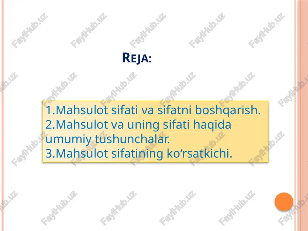1y) da qisqa holda keltirlgan bo‘lib, «mahsulot - faoliyat yoki jarayon natijasi» deb ta’riflangan. mahsulot moddiylashtirilgan (masalan, qismlar, qayta ishlanadigan materiallar) yoki moddiylashtirilmagan (masalan, axborot yoki tushuncha) yoki ularning o‘zaro uyg‘unlashgan birikmasi sifatida bo‘lishi mumkin. mahsulot o‘z ichiga xizmatni ham oladi. mahsulotni yaratilishida, sotilishida va iste’molida yoki ishlatilishida namoyon bo‘ladigan xossasi uning xolisona ko‘rsatkichi hisoblanadi. mahsulot ko‘pgina turli xossalarga ega bo‘lib, u yaratilishida, sotilishida va iste’molida yoki ishlatilishida namoyon bo‘lishi mumkin. «ishlatilishi» atamasi shunday mahsulotga nisbatan ishlatilishi mumkinki, bunda mahsulotdan foydalanish jarayonida u o‘z resursi hisobiga sarflanadi. mahsulot xossalarini shartli ravishda oddiy va murakkab turlarga bo‘lish mumkin. mahsulotning oddiy xossasiga massa, sig‘im, tezlik va boshqa ko‘rsatkichlar kiradi. mahsulotning murakkab xossasiga misol sifatida buyum ishining ishonchliligini olishimiz mumkin. bu esa o‘z navbatida bir qator oddiy xossalarni o‘z ichiga qamrab oladi (buzilmasligi, chidamliligi, ta’mirlanuvchanligi va saqlanuvchanligi kabilar). mahsulot sifati deganda, uning vazifasiga binoan muayyan ehtiyojlarni qanoatlantirishga yaroqliligini belgilaydigan xossalar majmuasi tushuniladi. mahsulot …
