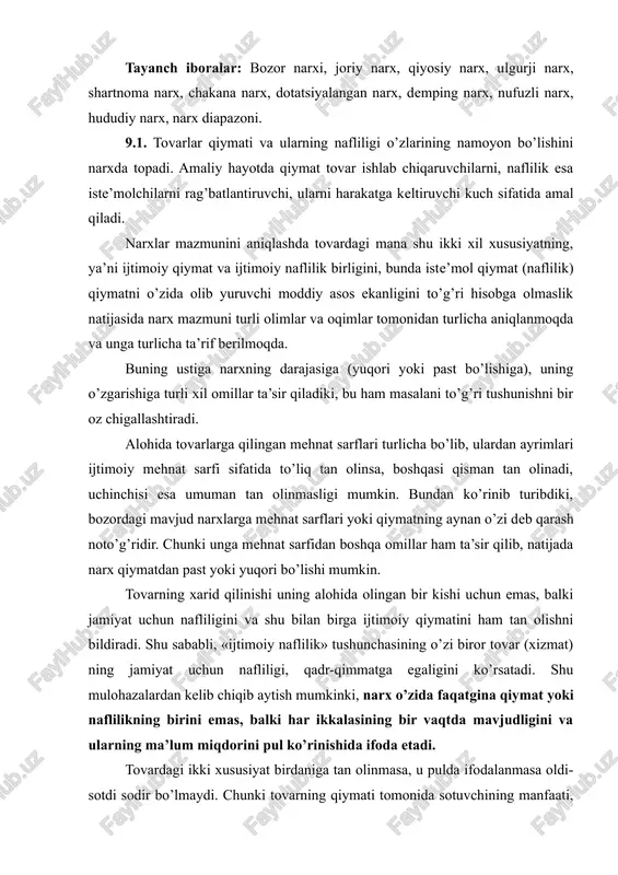 tadi. shu mulohazalardan kelib chiqib aytish mumkinki, narx o’zida faqatgina qiymat yoki naflilikning birini emas, balki har ikkalasining bir vaqtda mavjudligini va ularning ma’lum miqdorini pul ko’rinishida ifoda etadi. tovardagi ikki xususiyat birdaniga tan olinmasa, u pulda ifodalanmasa oldi-sotdi sodir bo’lmaydi. chunki tovarning qiymati tomonida sotuvchining manfaati, nafliligi (iste’mol qiymati) tomonida esa xaridorning manfaati yotadi. tovar egasi tovar ishlab chiqarish sarflarini qoplab, ma’lum darajada, iloji boricha ko’proq foyda olishni ta’minlashi mumkin bo’lgan qiymatni pul shaklida o’zlashtirishga intilsa, xaridor iloji boricha sarflayotgan pulining har bir birligiga ko’proq naflilik (iste’mol qiymati) olishga harakat qiladi. ularning manfaatlari to’g’ri kelgan nuqtada, darajada narx o’rnatilib, tovar-pul almashuvi, oldi-sotdi sodir bo’ladi. narx – real bozor iqtisodiyoti sharoitida tovar va xizmatlarning ijtimoiy qiymati va ijtimoiy nafliligining puldagi ifodasidir. narx quyidagi asosiy vazifalarni bajaradi: 1. muvozanatlikni ta’minlash vazifasi. 2. qiymat va naflilikni o’lchash vazifasi. 3. tartibga solish vazifasi. 4. raqobat vositasi vazifasi. 5. ijtimoiy himoya vazifasi. shunday qilib, …