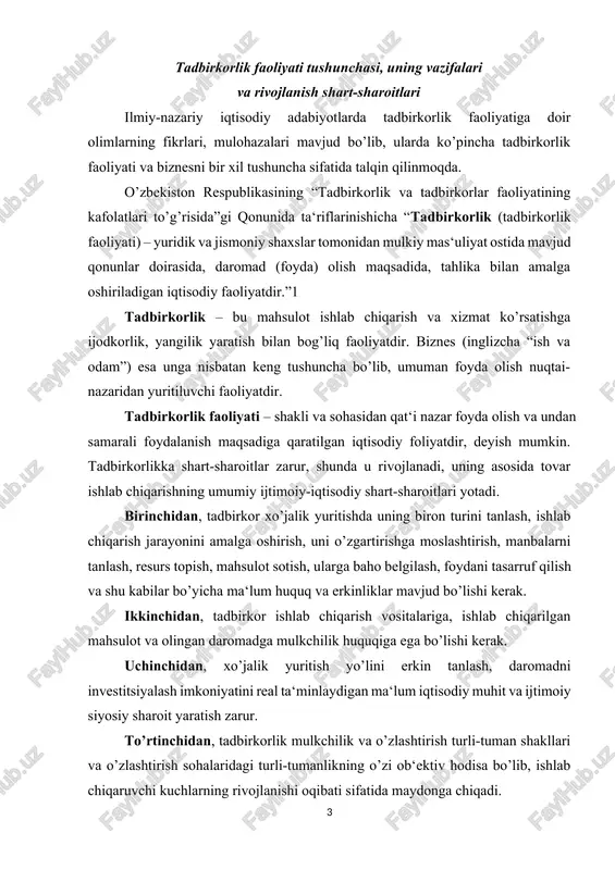 n mahsulot va olingan daromadga mulkchilik huquqiga ega bo’lishi kerak. uchinchidan, xo’jalik yuritish yo’lini erkin tanlash, daromadni investitsiyalash imkoniyatini real ta‘minlaydigan ma‘lum iqtisodiy muhit va ijtimoiy siyosiy sharoit yaratish zarur. to’rtinchidan, tadbirkorlik mulkchilik va o’zlashtirish turli-tuman shakllari va o’zlashtirish sohalaridagi turli-tumanlikning o’zi ob‘ektiv hodisa bo’lib, ishlab chiqaruvchi kuchlarning rivojlanishi oqibati sifatida maydonga chiqadi. beshinchidan, yetarli moliyaviy manbalarga, yaxshi ma‘lumot va malakali tayyorgarlikka ega bo’lish, umumiy tijorat qonunchiligi, soliq bo’yicha imtiyozlar, tadbirkorlik muhiti va uni rivojlantirishda jamiyat manfaatdorligining mavjud bo’lishi tadbirkorlikni rivojlantirishning navbatdagi shart-sharoitlari hisoblanadi. aytish mumkinki, ko’rsatib o’tilgan shart-sharoitlar mavjud bo’lsa tadbirkorlik shakllanadi va rivojlanadi. tadbirkorlik faoliyatining shakllari hozirgi bozor iqtisodiyoti sharoitida barcha mamlakatlarda mukammal iqtisodiyotni yaratishda tadbirkorlik muhim faoliyat hisoblanadi. ishlab chiqaruvchi kuchlar jadal rivojlanib, bir-biriga qo’shilib ketishi sodir bo’lmoqdaishlab chiqaruvchi kuchlardan jamoa, guruh, xususiy va shaxsiy maqsadlarda ishlatiladigan turlari mavjud. shunga mos ravishda tadbirkorlikning turli-tuman shakllari mavjud: a) davlat; b) jamoa; v) shaxsiy; g) xususiy; d) aralash va …