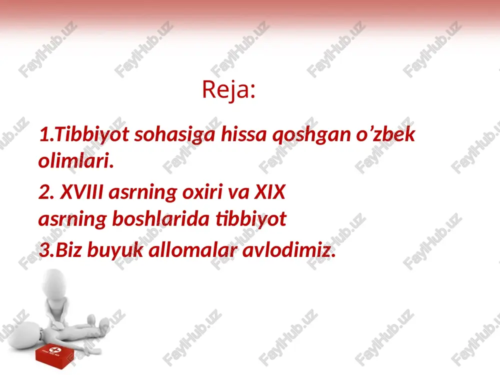ilar. shulardan eng mashhuri abu ali ibn sinodir. xorazmda yosh tabib ko’plab do’stlar orttirdi, ko’p o’tmay esa uning ustozlari masihiy va beruniy ham yetib keldilar. ibn sino asarlari yevropada xii asrdan boshlab lotin tiliga tarjima qilina boshlandi. “tib qonunlari” asarining o’zi lotinchada 30 martadan oshiq nashr qilindi. adabiyotlar: 1. ww.ziyonet.uz sayti. 2. www.ref.uz sayti. 3. www.vse.uz sayti. image2.jpg image3.jpg image4.jpeg image5.png image6.jpeg image7.jpeg image8.jpeg image9.jpeg image10.jpeg image11.jpeg image12.jpeg image13.jpeg image14.jpeg image15.jpg image16.jpeg image1.jpg 498722934 /docprops/thumbnail.jpeg