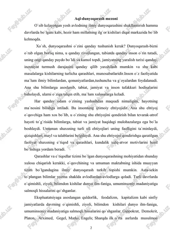 ishli, ziyoli, bilimdon kishilar dunyo ilm-faniga, umuminsoniy madaniyatiga salmoqli hissalarini qo`shganlar. ekspluatatsiyaga asoslangan quldorlik, feodalizm, kapitalizm kabi sinfiy jamiyatlarda davrning o`qimishli, ziyoli, bilimdon kishilari dunyo ilm-faniga, umuminsoniy madaniyatiga salmoqli hissalarini qo`shganlar. gippokrat, demokrit, platon, arximed, gegel, marks, engels; sharqda ilk o`rta asrlarda musulmon dunyosi al-kindiy, ar-roziy, g`azzoliy, farobiy, beruniy, xorazmiy, ibn sino, ibn rushd (averros), bahouddin naqshband, najmiddin kubro, ahmad yassaviy shular jumlasidandir. kaykovusning "qobusnoma", iv asrdagi hind faylasufi beydaboning "kalila va dimna" asarlari, "ramayana", "maxabhorat" dostoni, yusuf xos hojibning "qutadg`u bilig", nosir hisravning "saodatnoma", sa`diyning "guliston va bo`ston", abdurahmon jomiyning "bahoriston", navoiyning "mahbub ul qulub", ahmad donishning "o`g`illarga nasihat" bundan tashqari o`tmishning "chor darvesh", "ming bir kecha", "qur`oni karim", "hadisi sharif"dagi asarlarda ham juda katta, qimmatbaho va boy ma`naviy-madaniy meros bo`lib, sharq va g`arb xalqlari ming yillar mobaynida bulardan bahramand bo`lganlar. xix asrning ikkinchi yarmiga kelib turkiston rus mustamlakachilari tomonidan bosib olindi. bu davrda milliy-ma`naviy merosga, madaniyatga past nazar …