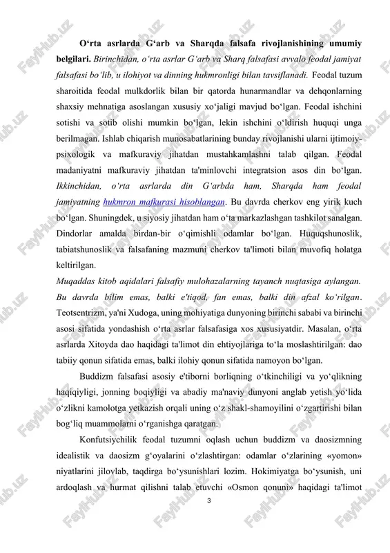 likning haqiqiyligi, jonning boqiyligi va abadiy ma'naviy dunyoni anglab yetish yo‘lida o‘zlikni kamolotga yetkazish orqali uning o‘z shakl-shamoyilini o‘zgartirishi bilan bog‘liq muammolarni o‘rganishga qaratgan. konfutsiychilik feodal tuzumni oqlash uchun buddizm va daosizmning idealistik va daosizm g‘oyalarini o‘zlashtirgan: odamlar o‘zlarining «yomon» niyatlarini jilovlab, taqdirga bo‘ysunishlari lozim. hokimiyatga bo‘ysunish, uni ardoqlash va hurmat qilishni talab etuvchi «osmon qonuni» haqidagi ta'limot konfutsiychilikda eng muhim ta'limotga aylangan. g‘arb yevropa feodalizmi sharoitida ham xristian dini hukmronlik qilgan. u o‘zining odamlar aqli va qalbini nazorat qilish markazlashtirilgan tizimini ko‘p sonli tarqoq feodal davlatlarga qarshi qo‘ygan. bu nazoratni avvalo rim papasi boshchiligidagi katolik cherkovi amalga oshirgan. ayni vaqtda cherkov qadimgi dunyoning «majusiycha» falsafasiga, ayniqsa materialistik ta'limotlarga yot ko‘z bilan qaragan. shu sababli antik davrning falsafiy merosini o‘zlashtirishga nisbatan xolisona yondashilmagan, bu meros qismlarga bo‘lib o‘zlashtirilgan, asosan diniy aqidalarni mustahkamlovchi idealistik g‘oyalarni tarqatishga yo‘l qo‘yilgan. o‘rta asrlar yevropasida falsafiy tafakkurning rivojlanish xususiyatlari. xvi asrgacha g‘arb va sharq falsafiy …