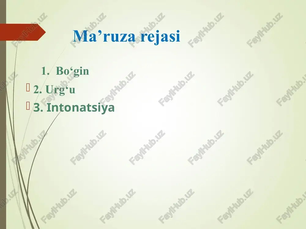 ng oxirgi bo‘g‘ini (-ti). bo‘g‘in tiplari tasnifning bu turida o-ta, o-na so‘zlaridagi bir unlidan iborat bo‘g‘in, shuningdek, tartib, maktab so‘zlaridagi "un-dosh+unli+undosh" (cvc) tipidagi bo‘g‘inlar nazardan chetda qolgan. shuning uchun mavjud adabiyotlarda bo‘g‘in tiplari tasnifining boshqa ko‘rinishlari ham uchraydi. masalan, m.m. mirtojiyev bo‘g‘in tiplarini shunday tasnif qiladi: 1) ochiq boshlanuvchi ochiq bo‘g‘in: a+na, o+na, i+liq kabi so‘zlarning birinchi bo‘g‘ini; 2) ochiq boshlanuvchi yopiq bo‘g‘in: ol+tin, il+gak, as+liy, ars+lon kabi so‘zlarning birinchi bo‘g‘ini; bo‘g‘in tiplari 3) yopiq boshlanuvchi yopiq bo‘gin: bor+moq, qiy+shiq, non+voy, ras+som kabi so‘zlarning barcha bo‘g‘inlari; 4) yopiq boshlanuvchi ochiq bo‘g‘in: da+la, qo+ra, sa+ra kabi so‘zlarning barcha bo‘g‘inlari. bo‘g‘in tiplari m.m.mirtojiyev unli va undoshlardagi ovoz va shovqin miqdori har xil bo‘lishini nazarda tutib, bo‘g‘inning akustik tasnifini ham beradi. u shunday deydi: "unli va undosh tovushlar tarkibida, bizga ma’lumki, un va shovqin miqdori turlichadir. agar ularni ball tizimiga asoslangan shkala bo‘yicha hisoblasak, unlilar 4 ball, sonorlar 3 ball, jaranglilar 2 ball, …