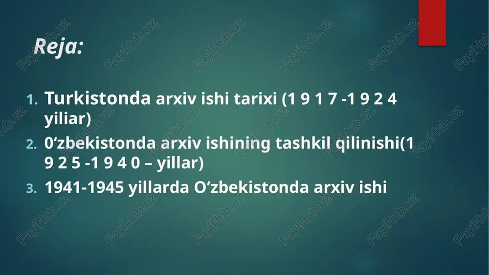 o‘tdi istpartga: turkiston o‘lka kompartiyasi arxivlari toshkentdagi dashnoqlar partiyasi yettisuv qo‘riqlash bo‘limi jandarm bo‘limlari 0 ‘rta osiyo temir yo‘li toshkent prokurori sud palatalari 1917-yildagi mahalliy partiya tashkilotlari va syezd bayonnomalari, keyinchalik - varaqalar, suratlar, adabiyotlar va boshqa arxiv hujjatlari topshirildi. 1924-yildan partiya qo‘mitalari arxivlari ham topshirila boshladi turkiston respublikasi markaziy ijroiya komiteti (mik) 1919 yil 5- noyabrda «arxiv ishini qayta qurish va markazlashtirish to‘g ‘risida» qaror qabul qildi. bu qarorga asosan 1917 yilga qadar bo'lgan barcha idoraviy arxivlar tugatildi, arxiv hujjatlari turkiston respublikasining yagona davlat arxiv fondi (yadaf)ni tashkil qiladi, deb e’lon qilindi. yadafni boshqarish uchun turkiston respublikasi arxiv ishi bosh boshqarmasi tashkil qilindi. yadafga 1917 yil 25- oktabrgacha bo'lgan barcha hujjatlar topshirilishi kerak edi yuqoridagi ta’kidlangan qarorda arxiv hujjatlarini yo'q qilish tartibi o'm atildi. davlat idoralari arxiv ishi bosh boshqarmasi ruxsatisiz o 'z hujjatlarini yo'q qilish huquqiga ega emas, deb ko'rsatilgan. sho'ro idoralaridagi hujjatlar yadafning tarkibiy qismi deb qayd …