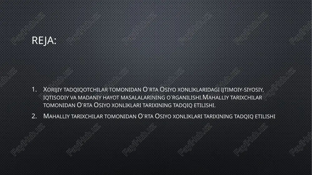 matnini o`z ichiga olgan. bu jild 82 bobdan iborat. asarning qolgan ikki jildi 1965 va 1966 yillarda bosmadan chiqdi. tuhfat ul-xoniy (xon sovg`asi) tuhfat ul-xoniy» 1722-1782 yillardagi buxoro xonligi tarixiga bag`ishlangan asar bo`lib, xviii asr o`rta osiyo tarixchiligida «tarixi rahimxoniy» degan nom bilan ham ma`lum. sharqshunos b. ahmedovning fikricha, asar muallifi oxund mulla muhammad vafo ibn muhammad zokir karminaviy (1685-1769) va nasaf (qarshi)lik domullo olimbek niyozqulibek eshondir. tuhfat ul- xoniy faqat qozi vafo haqida ba`zi ma`lumotlar bor. «ubaydullanoma» ning muallifi mir muhammad amin buxoriyning yozishicha 1118g’1196 yillarda qori vafo ubaydullaxonning kitobdori bo`lgan. aftidan u bu vazifada abulfayzxon davrida ham va hatto dastlabki mang`it hukmdorlari davrida ham ishlagan.«tuhfat ul-xoniy» tarixchilik nuqtai nazaridan shunisi bilan qimmatliki, unda o`quvchi o`rta osiyo xalqlarining xo`jalik, ijtimoiy, siyosiy tarixiga oid boy faktlarni topadi. jumladan, unda ko`chmanchi turk-mo`g`il urug`larining yetti yil (1722-1729) davomida zarafshon vohasining o`troq rayonlariga bosqini natijasida farovon joylar huvillab qolgani yoritilgan. muhammad haydar dug‘latning …