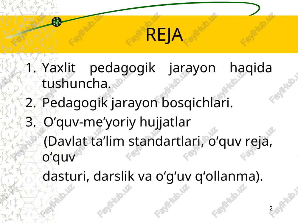 jarayonning murakkab ichki munosabatlari uni tashkil etuvchi jarayonlarning birligi va mustaqilligi; undagi jarayonlarning yaxlitligi va teng huquqliligi; umumiy mavjudlik va o‘ziga xoslikni saqlashda namoyon bo‘ladi. * * * * * aniq maqsadli tarkibiy qismi mazmunli tarkibiy qism faoliyatli tarkibiy qism natijali tarkibiy qismi yaxlit pedagogik jarayonning tarkibiy qismlari 1-bosqich. tayyorgarlik bosqichi (sharoitni yaratish va maqsadni belgilash) 2-bosqich. asosiy bosqich (pedagogik jarayonni amalga oshirish) 3-bosqich. yakuniy bosqich (natijalar tahlili) * pedagogik jarayonning bosqichlari ta’lim mazmuni va uni belgilab beruvchi hujjatlar 1. davlat ta’lim standartlari (dts) 2. o‘quv rejasi 3. o‘quv dasturi 4. darslik va o‘q‘uv qo‘llanma. * davlat ta’lim standartlari — davlat tomonidan ta’limning mazmuni va sifatiga nisbatan belgilanadigan talablar davlat ta’lim talablari — ta’limning tuzilmasiga, mazmuniga va uni amalga oshirish shart-sharoitlariga, shuningdek, ta’lim oluvchilarning jismoniy, shaxsiy, intellektual, ilmiy hamda kasbiy sifatlariga qo‘yiladigan majburiy talablar maktabgacha ta’lim va tarbiyaning davlat standarti — ta’lim-tarbiya jarayonining hajmiga, mazmuniga va sifatiga, maktabgacha ta’lim tashkilotini …