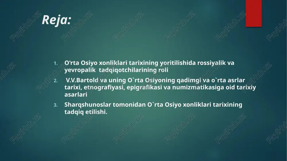 rliklari bilan shug`ullangan yevropaliklardan biri edi. uning tashabbusi bilan 1810 yili rossiyada birinchi sharqshunoslik to`plami chiqarildi. sharqshunoslik bo`yicha fa muxbir azosi etib saylangan (1810 y.) birinchi rus olimi georgiy ivanovich spasskiydir (1783-1864 y.). g. i. spasskiyning ko`plab asarlari bor. uning «drevnosti sibiri» maqolasi biz uchun ayniqsa ahamiyatli bo`lib, unda keyinchalik runiy-turkiy obidalar deb tan olingan sirli yozuvlar to`g`risida maqola bor.a. n. kononov g. i. spasskiyni «sibirskiy vestnik» jurnali asoschisi deb to`g`ri aytadi, biroq, uni «aziatskiy vestnik» jurnali asoschisi deb ham atashadi. g. i. spasskiy «biblioteka dlya chteniya» va «aziatskiy vestnik» jurnallari asoschisi o. i. senkovskiy edi. o. i. senkovskiy vilno gubernasida tug`ildi, vilno dorilfununida o`qidi. o`shayerda mustaqil sharq tillarini o`rgandi. talabalik yillari, 1818 yilda «luqmon hikoyatlari» ni arabchadan polyakchaga o`girib, kirish so`zi va izohlar bilan chop etdi. 1819 yili kursni tugatgach kichik osiyo, sibir, misr, nubiya bo`ylab sayohatga chiqdi va polsha oynomalarida bu sayohat asosida materiallar e`lon qildi. rossiyaga qaytgach …