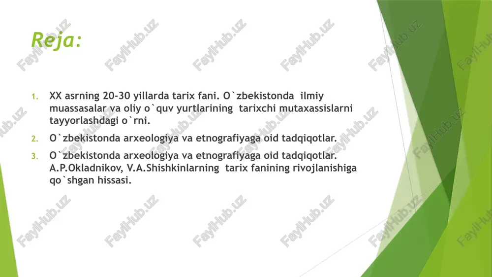 irishdilar.1968 yil tarix instituti koshida «tarixshunoslik» sektori, keyinroq bo`lim tashkil etilishi bu sohaning rivojiga katta hissa qo`shdi.(bo`limni 1968-1988 yillarda t.f.d.b.v.lunin, 1988-1992 yillarda t.f.n. v.a.germa`nov boshqargan, 1992-2011 yillarda t.f.d. prof. d.a.alimova, 2011 yildan r.a. nazarov rahbarlik qilib kelmoqda). poʼlat soliyev va uning oʼzbekiston tarixini rivojlantirishdagi oʼrni 1920–1930-yillarda o‘zbekistonda fan taraqqiyotiga munosib hissa qo‘shgan juda ko‘p fidoyi olimlar faoliyat ko‘rsatdilar. ana shunday olimlardan biri, o‘zbek tarixchilari maktabini yaratgan po‘lat soliyevdir1. u o‘zbekistonda, tarix fanini rivojlantirishga katta hissa qo‘shdi va o‘z asarlarini eski o‘zbek yozuvi, arab va fors tillarida yaratgan edi. bu asarlar kutubxonalardan chiqarib tashlangan, g‘oyaviy jihatdan buzuq va subutsiz asar sifatida yo‘q qilib yuborilgan. faqat yirik kutubxonalardagina ulardan ba’zi bir nusxalargina saqlanib qolgan. poʼlat soliyev . po‘lat majidovich soliyevning bunday asarlari jumlasiga: «hindiston angliya hukmi ostida» (1920, 1926), «buxoro mang‘itlar sulolasi davrida» (1920, 1926), «o‘rta osiyo tarixi», 1-qism (1926), «o‘zbekiston va tojikiston. iqtisodiy va jug‘rofik lavha» (1926), «o‘rta osiyoda savdo kapitali …