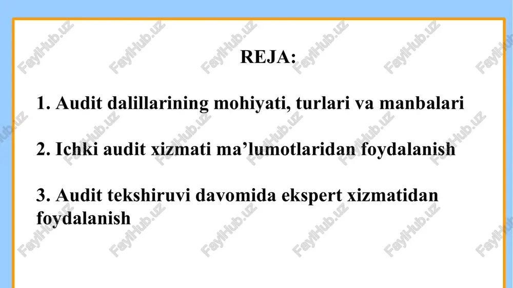 iqdorda emas, balki yetarlicha sifatli, ishonchli bo‘lishi darkor. dalil sifatli bo‘lishi uchun esa u o‘z kuchini yo‘qotmagan va tekshirilayotgan obyektga aloqador bo‘lishi lozim. to‘planishi lozim bo‘lgan audit dalillarining miqdorini auditorning o‘zi professional mulohazasiga asoslangan holda belgilaydi. audit dalillarining sifatiga esa bir qator omillar ta’sir etishi mumkin. ular qatoriga quyidagilar kiradi: -dalillar mijoz korxonadan tashqari manbalardan olinganda ularning ishonchliligi yanada ortadi; -mijozning ichki nazorat tizimi korxonada tayyorlangan buxgalteriya ma’lumotlari sifatiga ta’sir etadi; -auditor tomonidan dalillar bevosita olinganda ishonchliligi yuqori bo‘ladi. audit dalillarining yetarliligi, ularga asoslanib auditor moliyaviy hisobotlarga nisbatan biror fikr hosil qilishi uchun yetarli miqdorda bo‘lishini nazarda tutadi. dalillarning yetarliligini belgilash auditordan professional mulohazani talab etadi. shu o‘rinda quyidagi omillar audit dalillarining yetarliligini belgilashda ahamiyat kasb etishi mumkin: -audit dalillarining miqdori ularning sifati bilan teskari bog‘lanishda bo‘ladi. ya’ni, dalillar qanchalik sifatli bo‘lsa, ularni shuncha kamroq miqdorda to‘plash mumkin; -dalillarning miqdori muhimlikka ham bog‘liq. ya’ni tekshirilayotgan obyekt qanchalik muhim bo‘lsa, to‘planishi …