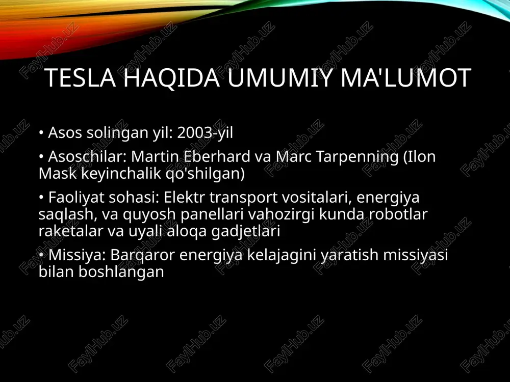 ipo narx • sanasi: 29-iyun, 2010-yil • ipo narxi: $17 har bir aksiya uchun • sotilgan aksiyalar soni: 13,3 million • jalb qilingan mablag': $226 million elon musk ipo'dan keyingi dastlabki natijalar • ipo kuni tesla aksiyalari narxi 40% ga oshdi. • kompaniya tez rivojlanishni boshladi. • yangi investorlar qiziqishi oshdi. tesla aksiyalari harakati • dastlab aksiyalar o'zgaruvchan edi. • keyinchalik aksiyalar narxi barqaror o'sishni boshladi. • tesla aksiyalari texnologiya aksiyalari orasida yuqori daromadliligi bilan ajralib turadi. tesla ipo'sining moliyaviy ta'siri • texnologik kompaniyalar uchun ipo muvaffaqiyatining namunasi bo’ldi. • barqaror energiya loyihalariga bo'lgan e'tiborni oshirdi yuqori oshirb har hil turdagi loyihalarga katta investor jalb qildi. • aksiyadorlar uchun uzoq muddatli foyda bo’lib osha yildagi aksiyadorlar juda omadli bo’ldi. moliyaviy ko'rsatkichlar • ipo vaqtidagi daromad: $226 million • 2023-yildagi bozor kapitallashuvi: trillion dollardan ortiq. • elektr transport bozoridagi ulush: 20% dan ortiq. xulosa • tesla ipo'si barqaror energiyaga o'tish jarayonida …