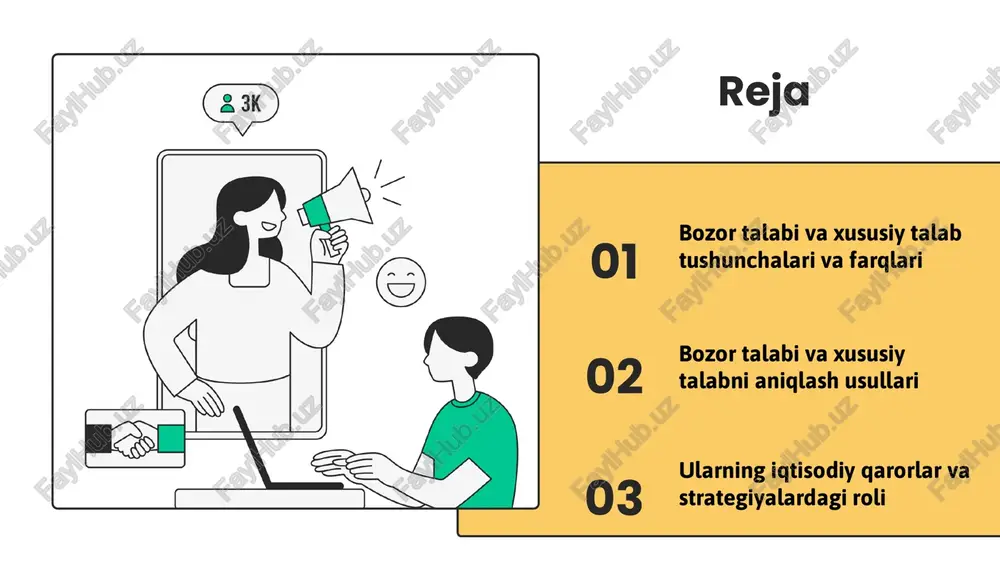 labi bilan farqlanadi. ushbu usullar hisobga olinishi zarur. xususiy talabni aniqlash usullari xususiy talabni aniqlash uchun mijozlar fikri, bozor tadqiqotlari va statistik metodlar qo'llaniladi. xususiy talabni o'lchashda mijozlar fikri, so'rovnomalar va bozor tadqiqotlari muhimdir. bu usullar yordamida ehtiyojlar va bozor talabining mosligi aniqlanadi. xususiy talab va bozor talabining farqlari, ularni ajratib ko'rsatish va aniqlashda muhim jihatlar, bozor strategiyalarini belgilashda yordam beradi. 1 2 3 iqtisodiy qarorlar va xususiy talab iqtisodiy qarorlar, resurslarni taqsimlashda muhim bo'lib, xususiy talab bu qarorlar qabul qilishda asosiy omil hisoblanadi. xususiy talab iqtisodiy faollik va bozor holatini belgilaydi. xususiy talabning asosiy xususiyatlari shundaki, u narx, daromad va iste'mol odatlari bilan bog'liq. bu talab bozor sharoitlariga, raqobatga va iste'molchilarning ehtiyojlariga bog'liq. strategik rejalashtirishda xususiy talabni hisobga olish muhim, chunki u kompaniyalar va davlatning raqobatbardoshligini ta'minlaydi. xususiy talabni tahlil qilish strategiyalarni shakllantirishda yordam beradi. photo by nathan dumlao on unsplash https://unsplash.com/@nate_dumlao?utm_source=ai_slide_maker&utm_medium=referral https://unsplash.com/photos/white-samsung-android-smartphone-on-brown-wooden-table-klmt1mpgjvg?utm_source=ai_slide_maker&utm_medium=referral xususiy talab va iqtisodiy strategiyalar iqtisodiy …