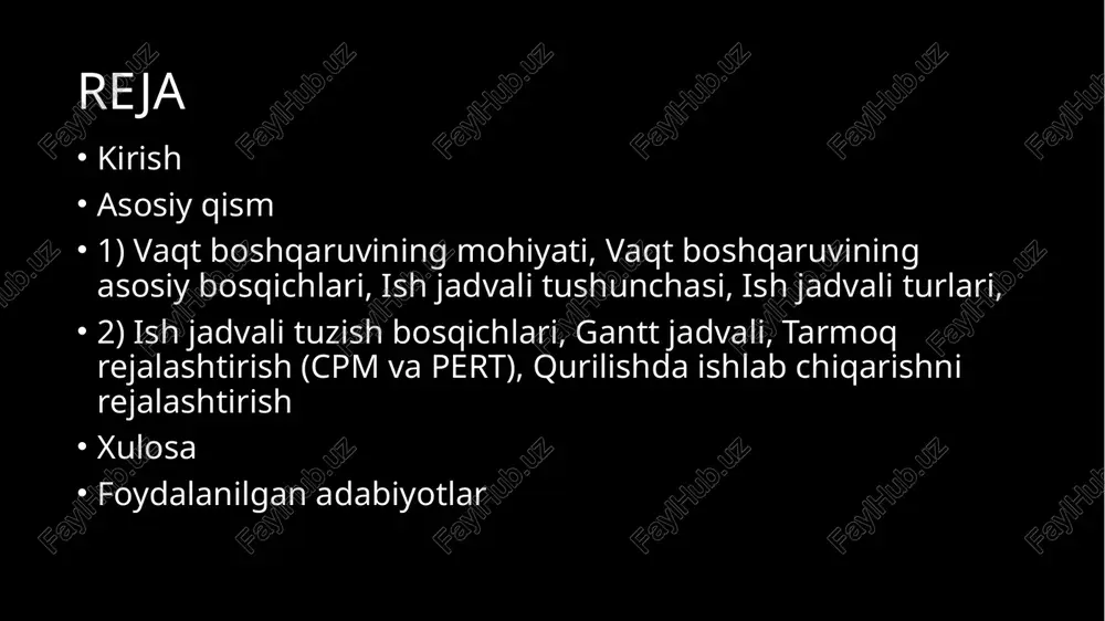 tahlil qilish va guruhlash 2)har bir ishning davomiyligini aniqlash 3)ketma-ketlikni belgilash (qaysi ishlar bir-biriga bog‘liq) 4)jadvalni tuzish va tasdiqlash 5)reja bajarilishini nazorat qilish gantt jadvali gantt jadvali — eng mashhur vaqt rejalashtirish vositasi. unda ishlar gorizontal chiziqlar orqali ko‘rsatiladi. har bir chiziq ishning boshlanishi, tugashi va davomiyligini bildiradi. bu usul orqali kechikayotgan ishlar darhol aniqlanadi. tarmoq rejalashtirish (cpm va pert) cpm (critical path method) — eng muhim ishlar ketma-ketligini aniqlaydi. pert (program evaluation review technique) — noaniqlik mavjud bo‘lgan loyihalarda vaqtni statistik tahlil asosida belgilaydi. bu usullar yirik qurilishlarda keng qo‘llaniladi. qurilishda ishlab chiqarishni rejalashtirish qurilish ishlari bosqichma-bosqich tashkil qilinadi: tayyorlov ishlari asosiy konstruktiv ishlar pardozlash ishlari sinov va topshirish bosqichi har bir bosqich uchun alohida vaqt jadvali tuziladi. vaqt boshqaruvi dasturlari bugungi kunda quyidagi dasturlar keng qo‘llaniladi: ms project – gantt jadvali tuzish uchun. primavera – yirik loyihalar uchun tarmoq tahlili. excel – kichik loyihalarda soddalashtirilgan rejalashtirish. notion– texnik …