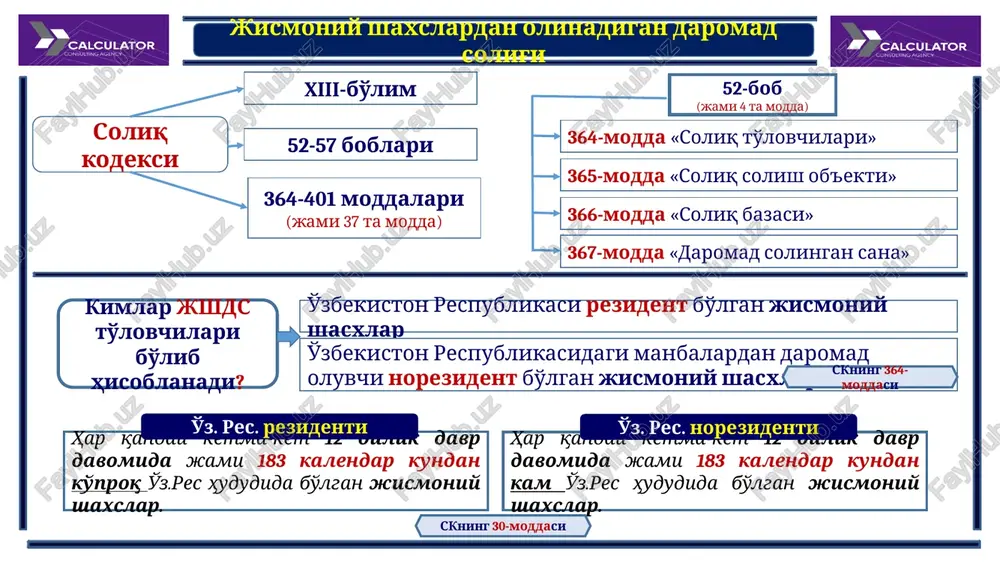 dlar (ish haqi); 2. mulkiy daromadlar; 3. moddiy naf tarzidagi daromadlar; 4. boshqa daromadlar; skning 371-moddasi skning 375-moddasi skning 376-moddasi skning 377-moddasi 1. mehnatga haq to'lash tarzidagi daromadlar 1. ish haqi to'lovlari 2. ilmiy daraja va faxriy unvon uchun ustamalar 3. rag'batlantirish xususiyatiga ega to'lovlar 4. kompensatsiya to'lovlari 5. ishlanmagan vaqt uchun haq to'lash yil va chorak yakunlari bo'yicha premiyalar; kasb maxorati va murabbiylik uchun ustama; ta'tilga qo'shimcha haqlar; ko'p yil ishlaganlik uchun pul mukofotlari; ratsionalizatorlik takliflar uchun to'lov; boshqa pul mukofotlari. quyilagilar: jismoniy shaxslardan olinadigan daromad solig'i kompensatsiya to'lovlari tabiiy-iqlim sharoitlari noqulay bo'lgan joylardagi ishlar bilan bog'liq qo'shimcha to'lovlar; og'ir, zararli, o'ta zararli mehnat sharoitlarida ishlaganlik uchun ustamalar; tungi vaqtda, ish vaqtida tashqari hamda dam olish kunlari ishlaganlik uchun ustamalar; o'zining ishidan tashqari qo'shimcha vazifalarda ish bilan ban bo'lganlik uchun ustamalar; fuqaro «soliev alisher»ga cho'l va suvsiz hududda ishlaganlik uchun unga ustama belgilangan. - xodimning asosiy ish haqi 3.000.000 …