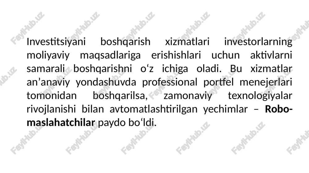 atsiyalangan investitsiya portfelini shakllantiradi automatik balanslash bozor o‘zgarishlariga qarab aktivlarni qayta taqsimlaydi soliq optimizatsiyasi soliq samaradorlik strategiyalarini qo‘llaydi past xizmat haqi an’anaviy menejerlarga nisbatan arzonroq komissiyalar oladi afzalliklari kamchiliklari ✔past xizmat haqi ✔24/7 ishlash imkoniyati ✔hissiyotlardan xoli qarorlar qabul qilish ✔kichik sarmoyalar bilan boshlash imkoniyati ✖murakkab individual strategiyalarni qo‘llash imkoniyatining cheklanganligi ✖bozor o‘zgarishlariga insoniy moslashuvchanlik yo‘qligi ✖maxsus maslahatlar yetishmovchiligi robo-maslahatchining afzalliklari va kamchiliklari an’anaviy investitsiya menejeri va robo-maslahatchi solishtiruv jadvali xususiyat an’anaviy investitsiya boshqaruvi robo-maslahatchi boshqarish usuli professional menejerlar algoritmlar va ai xizmat haqi yuqori (1-2% yillik) past (0.25-0.5% yillik) moslashuvchanlik yuqori (individal yondashuv) o‘rtacha (cheklangan variantlar) investitsiya minimal summasi yuqori past emotsional ta’sir bor yo‘q soliq optimizatsiyasi ha ha bozor sharoitlariga moslashish yuqori o‘rtacha konsultatsiya sifati yuqori (shaxsiy maslahatlar) past (standart algoritm javoblari) investitsiyani boshqarish xizmatlari investorlarga optimal strategiyalar asosida moliyaviy maqsadlariga erishishda yordam beradi. robo-maslahatchilar esa texnologiyaning rivojlanishi bilan arzon va avtomatlashtirilgan yechim sifatida tobora ommalashib bormoqda. an’anaviy …