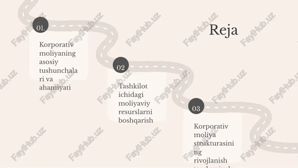 liyaviy resurslarni boshqarish orqali bozor sharoitlariga moslashishga imkon beradi, bu esa umumiy iqtisodiy barqarorlikni ta'minlaydi. 01. 02. 03. moliyaviy resurslarni boshqarishning asosiy tamoyillari moliyaviy resurslar - bu kompaniyaning moliyaviy faoliyatini ta'minlaydigan mablag'lar. ularning muhimligi shundaki, ularni samarali boshqarish kompaniyaning muvaffaqiyatiga olib keladi. asosiy tamoyillar: 1. rejalashtirish: moliyaviy resurslarni maqsadli va samarali ishlatish. 2. nazorat: xarajatlarni va daromadlarni kuzatish. 3. tahlil: moliyaviy holatni baholash va xulosa chiqarish. 4. qaror qabul qilish: moliyaviy strategiyalarni ishlab chiqish. samarali boshqarish usullari: moliyaviy prognozlar va hisob-kitoblar. moliyaviy rejalashtirish va nazorat moliyaviy rejalashtirish, korporativ moliyalash jarayonida muhim o‘rin tutadi. u tashkilotning moliyaviy maqsadlarini belgilash, resurslarni taqsimlash va xarajatlarni nazorat qilishni o‘z ichiga oladi. rejalashtirish jarayoni bozor sharoitlari va ichki resurslar asosida moliyaviy strategiyalarni ishlab chiqishni ta'minlaydi. moliyaviy nazorat tashkilotning moliyaviy faoliyatini baholash va nazorat qilish uchun zarur. u xarajatlarni kuzatish, moliyaviy hisobotlarni tahlil qilish va rejalashtirilgan maqsadlarga erishishni ta'minlaydi. moliyaviy rejalashtirish va nazorat o‘rtasida mustahkam bog‘liqlik …