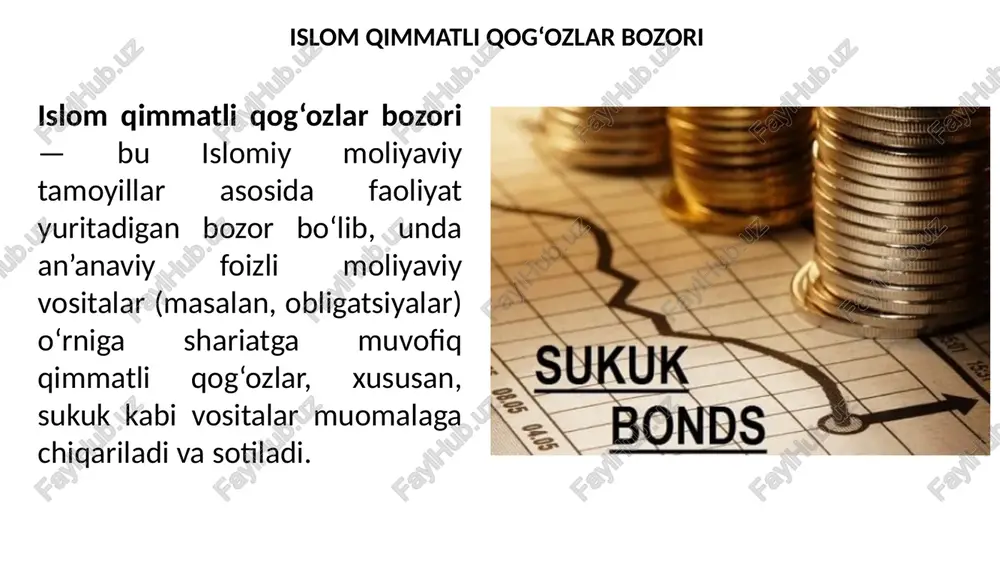 h faoliyat yuritadi. islomiy moliya foyda bilan birga jamiyat manfaati, adolat va barakaga xizmat qiladi. islom qimmatli qog‘ozlarining o’ziga xos xususiyati islom qimmatli qog‘ozlarining asosiy turlari sukuk (islomiy obligatsiyalar) islomiy aksiyalar islomiy investitsiya fondlari mudaraba sertifikatlari musharaka sertifikatlari 1. sukuk (islomiy obligatsiyalar) sukuk — bu eng mashhur islomiy qimmatli qog‘oz. u foiz emas, real aktivdan keladigan daromad asosida ishlaydi. investor sukuk sotib olib, aktivga (masalan, bino, loyiha, uskunalar) sherik bo‘ladi va undan tushgan foydani oladi. sukukning turlari: 1 2 3 ijara sukuk murabaha sukuk musharaka sukuk ijaraga berilgan aktivdan daromad olish xarid qilish va sotish orasidagi belgilangan foydaga ega bo’lish sheriklikka asoslangan holda daromad olish 4 5 mudaraba sukuk istisna sukuk bir tomon kapital berishi, ikkinchi tomon boshqarishi natijasida daromadga ega bo’lish oldindan buyurtma qilingan ishlab chiqarish loyihalari pul jalb etiladi, loyiha bajarilgandan so’ng foyda taqsimlanadi murabaha sukuk quyidagi tuzilma asosida amalga oshiriladi: maxsus tashkil etilgan vositachi (spv – special …