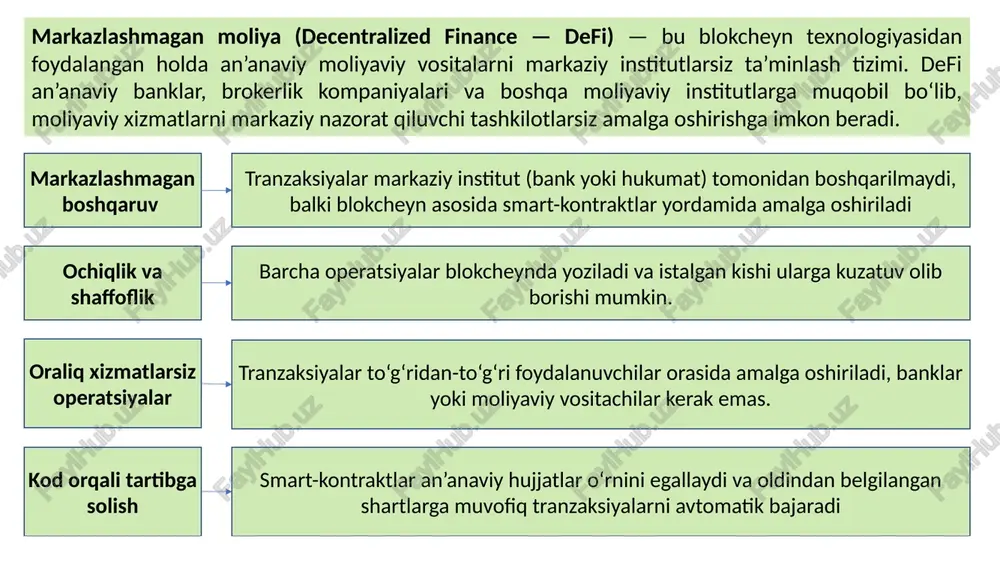 xnologiyasidan foydalanadi. bu tizim bank mijozlariga o‘z ma’lumotlarini uchinchi tomon xizmatlariga ulash imkonini beradi, bu esa moliyaviy xizmatlarning yanada moslashuvchan va raqobatbardosh bo‘lishiga olib keladi. mijoz nazorati mijozlar o‘z bank ma’lumotlarini kim bilan ulashishlarini nazorat qila oladilar innovatsion xizmatlar mustaqil fintech kompaniyalari yangi moliyaviy yechimlarni yaratishlari mumkin ochiq api lar banklar o‘z xizmatlariga uchinchi tomon dasturiy ta’minot ishlab chiquvchilari ulanishi uchun api larni taqdim etadi. ✅ afzalliklari: ❌ kamchiliklari: ✔ markaziy nazoratsiz moliya – tranzaksiyalar bank yoki hukumat nazoratisiz amalga oshiriladi. ✔ ochiqlik va shaffoflik – barcha operatsiyalar blokcheynda yoziladi va kuzatilishi mumkin. ✔ global foydalanish – internetga ulangan har kim defi xizmatlaridan foydalanishi mumkin. ✔ past tranzaksiya xarajatlari – markaziy vositachilar yo‘qligi tufayli komissiyalar kamroq bo‘lishi mumkin. ✔ avtomatlashtirilgan smart-kontraktlar – kreditlash, savdo va depozitlar uchun oraliq xizmatlar talab qilinmaydi. ✔ likvidlik havzalari – foydalanuvchilar o‘z aktivlarini likvidlik fondlariga qo‘shib, passiv daromad olishi mumkin. ✖ tartibga solinmagan bozor – …