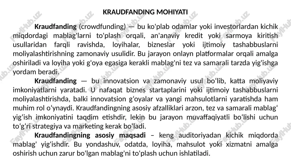 pi oddiy va samarali: loyiha yoki startap egasi mablag‘ni internet platformalarida to‘playdi, investorlar yoki donorlar esa kichik miqdorda sarmoya kiritadilar. boshqa so‘z bilan aytganda, kraudfanding – bu kollektiv yordam va innovatsiyalarni moliyalashtirishning zamonaviy usulidir. bu usulning yirik afzalligi, keng jamoatchilikka murojaat qilish orqali talab qilinadigan mablag‘ni tezda to‘plashdir. donorlik (donation-based crowdfunding) foydalanuvchilar loyihalarga yordam berish maqsadida mablag‘ kiritadilar, lekin ular hech qanday moliyaviy foyda kutmaydilar.asosan, xayriya tashkilotlari, ijtimoiy tashabbuslar, tabiiy ofatlarga yordam yoki huquq himoyasi kabi loyihalar uchun ishlatiladi. misollar: gofundme, justgiving. mukofotli (reward-based crowdfunding) investorlar yoki donorlarga loyihani qo‘llab-quvvatlash evaziga turli mukofotlar (masalan, mahsulotni olish, esdalik sovg‘alari, maxsus xizmatlar) taklif etiladi.bu turda, investorlar qarz oluvchi kompaniya yoki loyiha egasidan qaytariladigan moliyaviy foyda kutmaydi. asosan, yangi mahsulotlar yoki xizmatlar yaratish uchun qo'llaniladi. misollar: kickstarter, indiegogo. sarmoya (equity-based crowdfunding) investorlar loyihaga sarmoya kiritadilar va buning evaziga kompaniya yoki loyiha aksiyalarini oladilar.bu turdagi kraudfandingda investitsiya yuridik nuqtai nazardan o‘ziga xos, chunki investorlar …