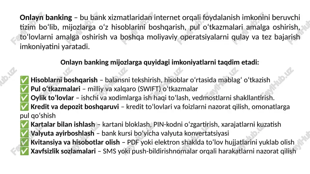 usiyatlar mobil banking onlayn banking ishlash usuli mobil ilova orqali (smartfon yoki planshet) veb-brauzer orqali (kompyuter yoki mobil qurilmada) mos qurilmalar android va ios tizimli smartfonlar, planshetlar kompyuter, noutbuk, planshet, mobil qurilmalar internetga bog‘liqlik internet yoki mobil ma’lumot tarmog‘i talab qilinadi internet mavjud bo‘lishi shart foydalanish qulayligi harakatda (mobil qurilma bilan) istalgan joyda foydalanish mumkin ko‘proq ish stolida yoki uyda foydalanish uchun qulayroq foydalanuvchi interfeysi oddiy, tezkor va intuitiv dizayn, tugmalar katta batafsil ma’lumot ko‘rsatish imkoniyati, keng interfeys xavfsizlik barmoq izi, face id, pin-kod yoki ikki faktorli autentifikatsiya talab qilinishi mumkin parol va ikki faktorli autentifikatsiya (ba’zan qo‘shimcha xavfsizlik darajasi) xizmatlar kundalik operatsiyalar: balansni tekshirish, to‘lovlar, pul o'tkazmalari, kartalar boshqaruvi batafsil xizmatlar: kreditlar, depozitlar, hisobvaraq monitoringi, hujjatlar yuklash, elektron imzolar amaliyot hajmi asosan kichik va tezkor operatsiyalar uchun katta tranzaksiyalar va murakkab operatsiyalar uchun qulay qo‘shimcha xizmatlar mobil to‘lovlar, qr-kod orqali to‘lov, tezkor tranzaksiyalar ko‘proq hujjatlash va moliyaviy hisob-kitoblar bilan …