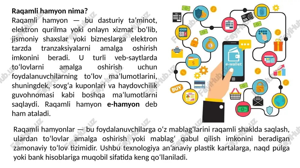 tifikatsiyadan o‘tgach foydalanishga ruxsat beriladi. tokenizatsiya: real karta ma’lumotlari hech qachon sotuvchiga berilmaydi. o‘rniga har bir tranzaksiya uchun noyob token (raqam) yaratiladi. bu token orqali to‘lov amalga oshiriladi, bu esa ma’lumotlarning xavfsizligini ta’minlaydi. bulutli saqlash (cloud storage): raqamli hamyonlar ko‘pincha foydalanuvchi ma’lumotlarini bulutda saqlaydi, bu esa istalgan qurilmadan ulanish imkoniyatini beradi. bank api integratsiyasi: bank tizimlari bilan to‘g‘ridan-to‘g‘ri ulanish uchun maxsus api (application programming interface) texnologiyasi ishlatiladi. bu orqali tranzaksiyalar real vaqt rejimida amalga oshiriladi. 2. mobil hamyonning ishlash texnologiyalari mobil hamyonlar odatda smartfon ilovalari sifatida ishlaydi va turli texnologiyalar yordamida to‘lovlarni amalga oshiradi. asosiy ishlash texnologiyalari: nfc (near field communication): bu texnologiya qisqa masofadagi bevosita aloqa orqali to‘lovlarni amalga oshirishga imkon beradi. masalan, google pay yoki apple pay terminallarga qurilmani yaqinlashtirib, to‘lovni amalga oshiradi. qr-kod to‘lovlari: foydalanuvchi sotuvchi tomonidan taqdim etilgan qr-kodni skanerlab, mablag‘ni tezda o‘tkazadi. click, payme, humo pay kabi xizmatlar bu texnologiyani keng qo‘llaydi. bluetooth low energy …