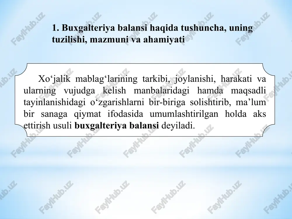 n. shundan kelib chiqib, aktiv deganda mablag‘lar qanday amal qilayotganligini, ishlayotganligini ko‘rsatuvchi mablag‘lar guruhlanishini tushunish kerak. aktivlar – bu oldingi amalga oshirilgan muammolarni yoki oldin sodir bo‘lgan voqealar natijasida korxonaga kelib tushgan, va ulardan foydalanish kelajakda foyda keltiradigan iqtisodiy resurslardir. aktivlar uch xil xususiyatga ega bo‘lishi kerak: a) kelajakdagi iqtisodiy nafni o‘zida mujassamlanishi, bevosita yoki bilvosita pul mablag‘lari yoki ularning ekvivalentilarini ko‘paytirish imkoniyati; b) bu iqtisodiy naflarni nazorat qilish qobiliyatini mujassamlash; c) oldingi bitimlar yoki boshqa voqealarning natijasi bo‘lishi. “passiv” – faolsiz, xolis (betaraf) turmoq, tushuntirish kabi so‘zlarning ildizidan olingan. tarixan bu atama dastlab faqat qarzga olingan mablag‘larga nisbatan, ya’ni uchinchi shaxslar oldidagi majburiyatlarga nisbatan qo‘llanar edi. bu bilan mulk egasi qarzga olingan mablag‘larga bo‘lgan munosabatda o‘zboshimchalik (bemalollik)dan o‘zini tutishi kerakligi ta’kidlangan edi. keyinchalik «passiv» atamasi manbaalarning boshqa moddalariga ham tarqatilgan bo‘lib, faqat korxona majburiyatlarini tavsiflabgina emas, mablag‘lar turlarini qanday maqsadlarga mo‘ljallanganligini ham tavsiflash uchun ishlatiladigan bo‘ldi. majburiyatlarni uch xil …