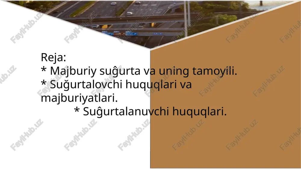 ng majburiy sug‘urtasi; xavfli ishlab chiqarish ob’yektida avariya yuz bergan taqdirda boshqa shaxslarning hayoti, sog‘lig‘i va (yoki) mol-mulkiga hamda atrof muhitga zarar yetkazganlik uchun fuqarolik javobgarliginining majburiy sug‘urtasi; ob’yektlarni davlat mablag‘lari va hukumat kafolati ostidagi kreditlar hisobiga barpo etishda qurilish tavakkalchiliklarini majburiy sug‘urtasi. qayd etilishicha, majburiy sug‘urta shartnomasini tuzish sug‘urta qildiruvchi sug‘urtalovchining internet-resursidagi majburiy sug‘urta shartnomasini tuzish to‘g‘risidagi elektron ariza shakliga quyidagi ma’lumotlarni kiritish orqali amalga oshiriladi: jismoniy shaxslar - jismoniy shaxsning shaxsiy identifikatsiya raqami; yuridik shaxslar – soliq to‘lovchining identifikatsiya raqami; elektron pochta manzili (mavjud bo‘lsa); mobil telefon raqami. qonun 3 bo‘lim, 8 bob va 145 moddadan tarkib topgan majburiy sug'urtaning umumiy tamoyillari quyidagilardan iborat: umumiylik; majburiylik; jabrlanuvchilarning hayoti, sog'lig'i va (yoki) mol-mulkiga etkazilgan zarar o'rni qoplanishining qonun bilan kafolatlanishi. sug'urtalovchi, cug'urta qildiruvchi, sug'urtalangan shaxs, naf oluvchi va jabrlanuvchi majburiy sug'urta turlarining sub'ektlaridir. sug'urtalovchi quyidagi huquqlarga ega: qonun hujjatlarida belgilanadigan tartibda va shartlarda sug'urta (qayta sug'urta qilish) shartnomalari tuzish; …