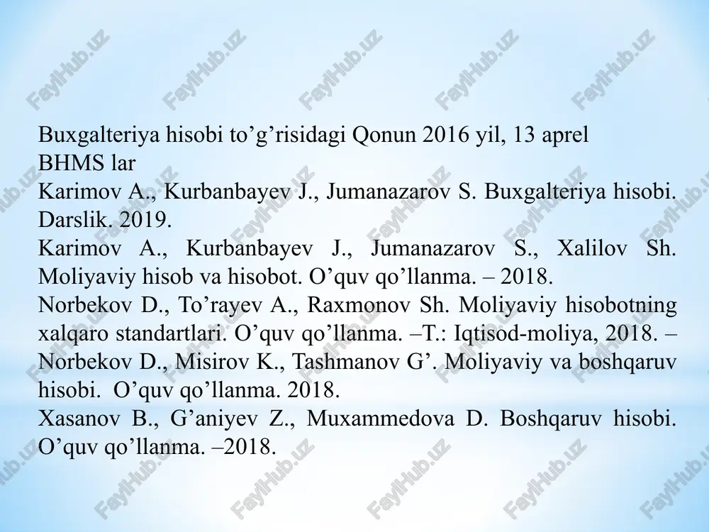 mat davriga o’tishni belgilab bergan. 2-davr. qiymat davri. (bizning eraning 500 yilidan 1300 yiliga qadar bo’lgan davrni o’z ichiga oladi) ushbu davr pulni o’ylab topilishi va muamola vositasiga aylanishi bilan belgilanadi. shu paytga qadar xo’jalik jarayonlari naturada o’lchangan bo’lsa endilikda unga parallel ravishda qiymatda ham baholashga o’tildi. qiymat ifodasini yuzaga chiqishi buxgalteriya hisobida patrimonal va kameral hisobni shakllantirdi. 3-davr. ikki yoqlama yozuv davri. (ushbu davr 1300-1850 yillarni qamrab oladi.) bu davrda xo’jalik jarayonlarining ommalashuvi, murakkablashuviga mos ravishda oddiy yozuvdan ikki yoqlama yozuvga o’tish zaruriyatining yuzaga kelishi bilan xarakterlanadi. hisob yozuvlariga katta urg’u berilganligi ham ushbu davrga xos. bu davrda buxgalteriya hisobida dastlabki schyotlar rejasi ishlatila boshlandi. 4-davr. nazariy-amaliy davr (ushbu davr 1850-1900 yillar oralig’ini egallaydi). bu davrga kelib xo’jalik jaryonlariga xuquqiy maqom shakllandi. natijada jaryonga ham iqtisodiy jihatdan, ham xuquqiy jihatdan yondashuvlar belgilandi. schyotlar rejasining differentsiyasi boshlandi, shakllariga ahamiyat qaratildi, balans, foyda, tannarx, ishlab chiqarish va muomala xarajatlari tushunchalari shakllandi. …