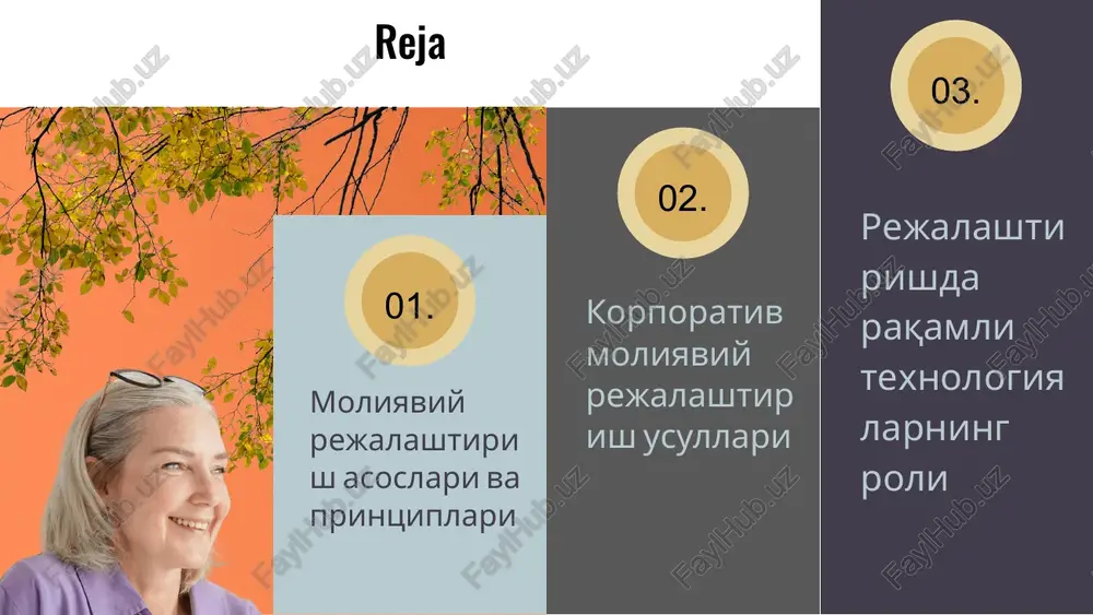 ash moliyaviy rejalashtirish jarayoni moliyaviy rejalashtirish jarayonining asosiy bosqichlari: 1. maqsadlarni aniqlash. 2. moliyaviy ma'lumotlarni yig'ish. 3. o'tgan moliyaviy natijalarni tahlil qilish. 4. moliyaviy strategiyalarni ishlab chiqish. 5. reja tuzish va uni amalga oshirish. strategik rejalashtirish uzoq muddatli moliyaviy maqsadlarni belgilash va u bilan bog'liq strategiyalarni ishlab chiqish jarayonidir. taktik rejalashtirish esa, strategik maqsadlarga erishish uchun kerak bo'lgan aniq qadamlar va faoliyatlarni belgilaydi. rejalashtirish jarayonining asosiy bosqichlari strategik va taktik rejalashtirish moliyaviy rejalashtirishdagi muammolar moliyaviy rejalashtirishdagi asossiy muammolar va ularni hal qilish yo'llari moliyaviy rejalashtirishdagi asosiy muammolar shulardan iborat: 1. moliya manbalari bilan bog'liq muammolar, bu moliyaviy resurslarning etishmasligi yoki noanikligi. 2. raqobatda ustunlikni saqlash masalalari, bu bozordagi o'zgarishlarga javob berishda qiyinchiliklar tug'diradi. 3. moliyaviy ma'lumotlarning aniq emasligi, bu qaror qabul qilish jarayonini murakkablashtiradi. muammolarni hal qilish strategiyalari: 1. moliya manbalari diversifikatsiyasi, bu resurslarni ko'plab manbalardan olishni taqozo etadi. 2. raqobatni tahlil qilish va bozor trendlarini kuzatish, bu biznesni tegishli …