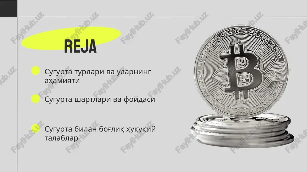 . sugurtalarni ko'paytirish, jamiyatning iqtisodiy o'sishini rag'batlantiradi. tabiiy ofatlar va xusumatlar mol-mulkni yo'qotishga olib kelishi mumkin, shuning uchun sugurta turlari ulardan himoyalanish uchun muhimdir. masalan, joylashuvi xatarli bo'lgan hududlarda yashovchi odamlar uchun sugurta juda muhim. s w o t sugurta turlari: swot tahlili kuchli tomonlar: mol-mulkni sugurtalashning barqarorligi va moliyaviy himoya ta'minlanishi. sug'urta turining keng ko'lamli qamrovi va mijozlarga moslashuvchanlik. zayif tomonlar: sug'urta primiyalari yuqori bo'lishi mumkin, bu esa ayrim mijozlar uchun qiyinchilik tug'diradi. mijozlar tomonidan xabardorlikning pastligi ham muammo bo'lishi mumkin. imkoniyatlar: yangi texnologiyalar va raqamli platformalarni joriy etish orqali mijozlar bazasini kengaytirish imkoniyati. xatarlar: bozor raqobatining oshishi va iqtisodiy noaniqlik sug'urta kompaniyalarining daromadiga ta'sir qilishi mumkin. 1. 2. 3. sugurta shartlari va foydalari sugurta shartlari - bu sugurta polisida ko'rsatilgan mol-mulkni sugurtalash jarayonidagi xatarlar va ularni sugurta qilish uchun zarur shartlardir. ularning ahamiyati, mol-mulk sohibini xatarlarga qarshi muhofaza qilishda, hamda sugurta to'lovlarini to'lashda muhim rol o'ynaydi. sugurta shartlari, …
