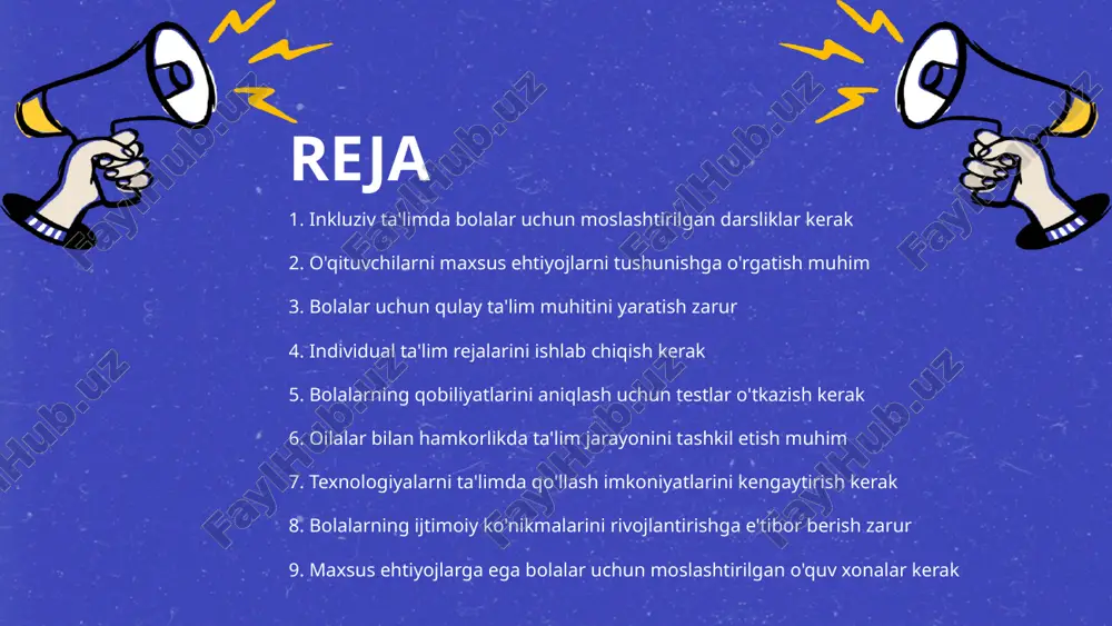 kurslar va treninglar o'qituvchilarga maxsus ehtiyojlarga ega bolalar bilan ishlash ko'nikmasini oshiradi. bunday o'qitish samarali ta'lim jarayonini tashkil etishda yordam beradi. jamiyatdagi ijobiy ta'sir - o'qituvchilar maxsus ehtiyojlarni tushunishga o'rgatilsa, jamiyatda ko'proq inklyuzivlik va adolatli ta'lim tizimi rivojlanadi. bu o'sib borayotgan ehtiyojlarga mos keluvchi muhit yaratadi. 4 bolalar uchun qulay ta'lim muhitini yaratish zarur qulay muhitning rolini tushunish - bolalar uchun qulay ta'lim muhiti o'rganish motivatsiyasini oshiradi, stressni kamaytiradi, bilim olishni osonlashtiradi. bolalarning qiziqishlari va ehtiyojlariga mos muhit yaratish zarur. muhitni moslashtirish usullari - yorqin ranglar, qulay mebellar va toza havo muhitni yaxshi qiladi. shu bilan birgalikda, xavfsiz va huzurli joylarni ta'minlash muhim rol o'ynaydi. o'qituvchi va ota-onaning o'rni - o'qituvchi va ota-onalar bolalar uchun qulay muhit yaratishga yordam berishi kerak. ularning qo'llab-quvvatlashi bolalar uchun barqaror psixologik holatni ta'minlaydi. qulay muhitning ta'siri - to'g'ri tashkil etilgan ta'lim muhiti intellektual o'sishga yordam beradi, bolalarning jamoaviy faoliyatga moslashuvini yaxshilaydi. bu muhit bolalar …