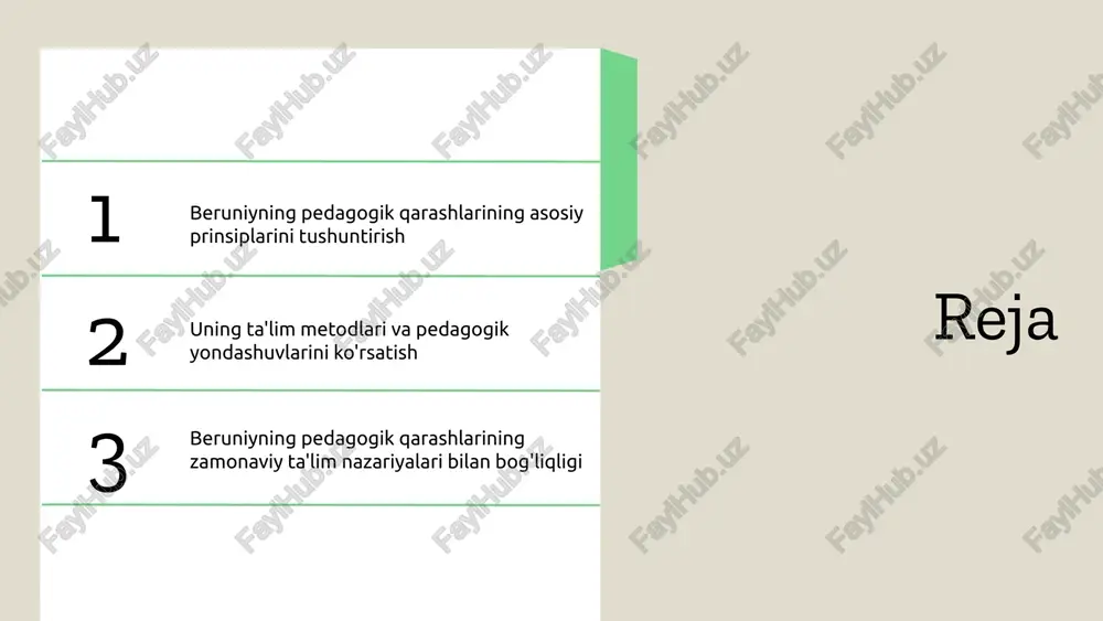 a qaratilgan. amaliyotga asoslangan yondashuv, real hayot vazifalarini mustaqil hal qilishni o'z ichiga oladi. interaktivlik, muhokama, savol berish va tajriba o'tkazish orqali o'quvchilarning faol ishtirokini ta'minlash. individual yondashuv, har bir o'quvchining ehtiyojlariga moslashtirilgan ta'lim dasturlarini taqdim etadi. nazariy va amaliy ko'nikmalarni rivojlantirishga qaratilgan metodologik yondashuvlar mavjud. beruniyning pedagogik yondashuvlari o'quvchilarning o'z-o'zini boshqarishi, mustaqil fikrlash va muammo yechish qobiliyatlarini rivojlantirish beruniyning ta'lim yondashuvlarining muhim qismidir. bu ularning mustaqil fikrlashini qo'llab-quvvatlaydi. o'qituvchining roli va vazifalari, shuningdek, individual ehtiyojlar va qobiliyatlarni hisobga olgan metodlar beruniyning pedagogikasida muhim o'rin tutadi. bu yondashuv o'quvchilarning shaxsiy rivojlanishini ta'minlaydi. beruniyning ta'limga bo'lgan munosabati va innovatsion yondashuvlar, amaliy tajribalar va texnologiyalar ta'lim jarayonini rivojlantirishda muhimdir. bu usullar ta'lim sifatini oshirishga yordam beradi. beruniyning qadimgi davrlardagi ta'lim va inson tarbiyasi haqidagi fikrlari insoniyatning rivojlanishiga asosiy ta'sir ko'rsatgan. u jamiyatda axloqiy qadriyatlar va bilimga bo'lgan ehtiyojni ta'kidlagan, ta'lim jarayonida insonning shaxsiyati va intellektini rivojlantirish muhimligini aytgan. zamonaviy ta'lim nazariyalari, masalan, …