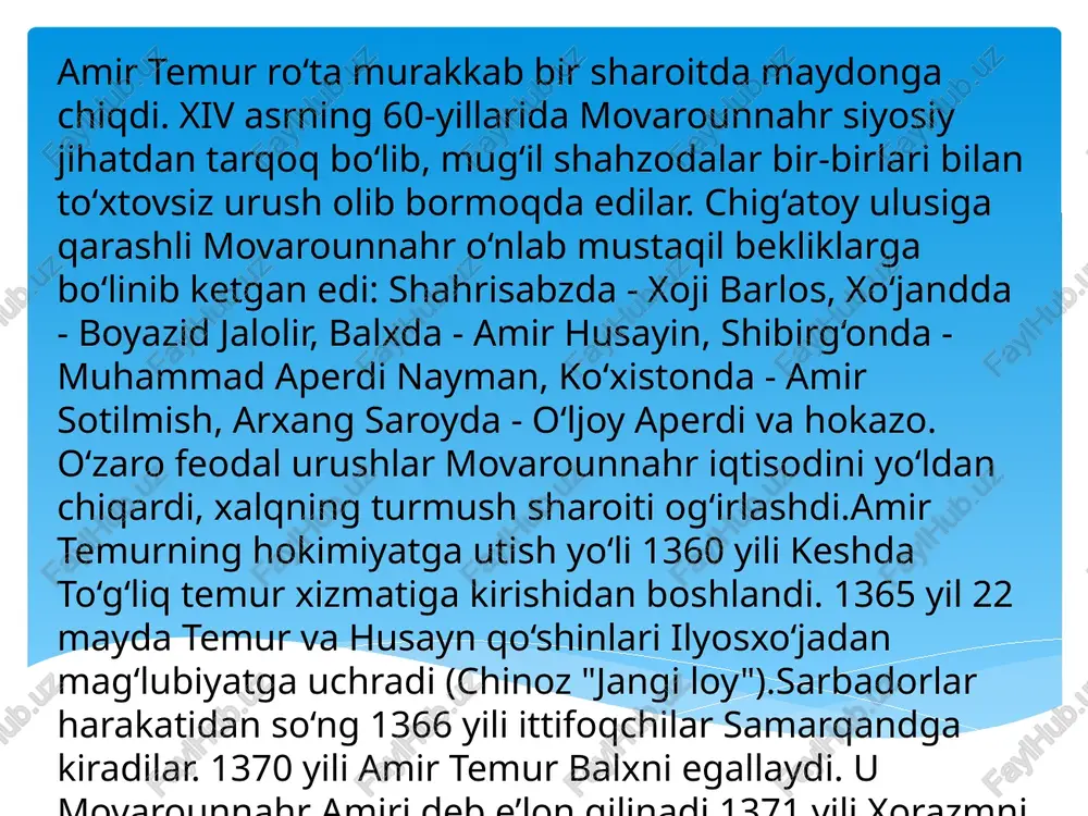 ‘risida gapirganda shuni aytish mumkinki, movarounnahr bu davrda tarixdagi eng rivojlangan cho‘qqilardan birida edi. barcha ishlar aniq belgilab qo‘yilgan qonun-qoidalar asosida olib borildi. xo‘jalikning asosiy tarmoqlaridan biri dehqonchilikka katta e’tibor berildi. yangi erlarni o‘zlashtirish uchun sug‘orish inshootlari qurildi. bunday erlardan uch yilgacha soliq olish taqiqlanadi. soliq tizimi ham davlat tomonidan tartibga solindi. samarqand bozori atrofidagi misgarlik, kulolchilik, zargarlik, maxsido‘zlik, duradgorchilik, temirchilik, to‘qimachilik ustaxonalari rivojlandi. amir temur chet el hunarmand ustalarini to‘xtovsiz movarounnahrga keltirdi. natijada keng turli hunarmandchilik mahsulotlari ko‘paydi. binokorlik ayniqsa keng avj oldi.ko‘prik, yo‘l qurilishida tortib, yirik inshootlar qurilishi shu paytgacha bu darajada ko‘pam yongan edi. samarqand atrofida sultonliya, sheroz, damashq, bog‘dod, qohira kabi yirik davlatlar nomlari berilgan butun bir qishloqlar vujudga keldi. bozor atrofilarida esa ustaxonalar bilan birga savdo do‘konlari bino etildi. xattoki (ro‘za oylarida) kecha-yu kunduz savdo tinmaydigan "bozori shab" urfga kirdi. chegaralarning mustahkamligini, qat’i qonunlarning mavjudligi savdo va karvon xavfsizligini ta’minlovchi chora-tadbirlar tashqi savdoni kuchaytirdi. buyuk …