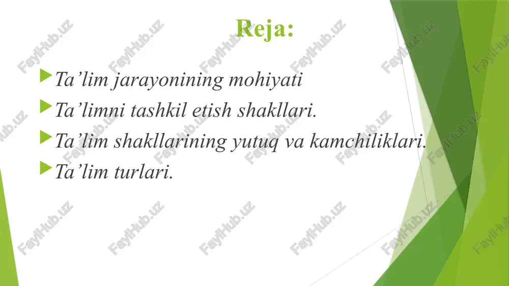 va tizimli amalga oshirilishini anglatadi. ta’lim jarayonining mohiyati: o‘quvchi (talaba) va o‘qituvchi o‘rtasida bilimlar almashinuvi, hamkorlikda faoliyat yuritish va natijada shaxsning intellektual hamda ma’naviy rivojlanishidir. ta’lim jarayonining tarkibiy qismlari maqsad – shaxsni bilimli, malakali, ma’naviy barkamol qilib tarbiyalash. mazmun – o‘quv dasturi va fan asoslari bo‘yicha beriladigan bilimlar majmui. o‘qituvchi faoliyati – o‘quv materialini tushuntirish, ko‘rsatish, yo‘naltirish. o‘quvchi faoliyati – bilimlarni o‘zlashtirish, amaliyotda qo‘llash. vositalar – darsliklar, texnik vositalar, interaktiv usullar. natija – bilim, ko‘nikma va malakalar hosil bo‘lishi. ta’lim jarayonining asosiy qonuniyatlari ta’limning maqsadlilik qonuniyati – har bir ta’lim jarayoni aniq maqsadga qaratilgan bo‘lishi kerak. tizimlilik qonuniyati – bilimlar bosqichma-bosqich, uzviylik asosida beriladi. faollik va ongli ishtirok qonuniyati – o‘quvchi jarayonda faol qatnashishi lozim. nazariy va amaliy bog‘liqlik qonuniyati – bilimlar hayotiy misollar va amaliyot bilan mustahkamlanadi. 4. ta’lim jarayonining vazifalari va ahamiyati o‘quvchilarda bilim, ko‘nikma va malaka hosil qilish. shaxsni axloqiy, ma’naviy va intellektual rivojlantirish. mustaqil fikrlash, ijodkorlik …