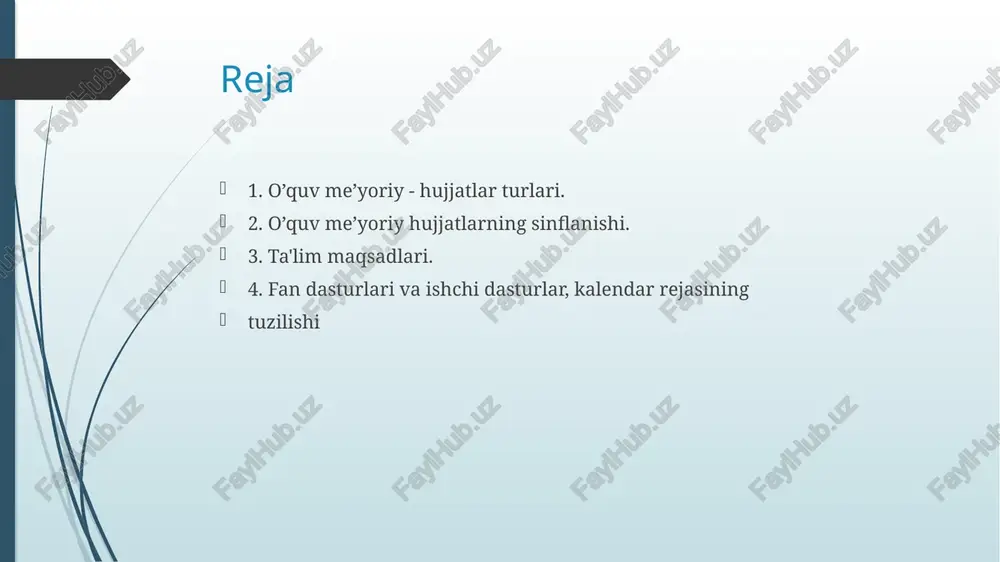 ri hamda yo’l-yo’riqlarini belgilaydi malaka talablari oliy ta’limning davlat ta’lim standard asosida ishlab chiqiladi va o'quv jarayonini tartibga soluvchi, ta’lim muassasalari faoliyati va kadrlar tayyorlash sifatini baholovchi me’yoriy hujjatlar: bakalavriat ta’lim yo’nalishlari, magistrature ixtisosliklari uchun dts, o’quv rejalari, o’quv fanlari dasturlari va boshqalarni tayyorlash uchun asosdir. mutaxassislik fan mashg’ulotlarni rejalashtirishda va ularga tayyorgarlik ko'rish o’zaro chambarchas bog’langandir. rejalashtirish-tayyorgarlikning bir qismi bo’lib, rejalashtirish hujjatlarida ta'lim beruvchining mashg’ulotlarga tayyorgarlik natijalari aks ettiriladi. o’quv rejasi - har bir yo'nalish uchun alohida tuzilib, vazirlik tomonidan tasdiqlanadi. unda quyidagilar o'z ifodasini topadi: 1. tayyorlov yo’nalish (ixtisoslik) kodi va uning nomlanishi. 2. o’qish muddati. 3. tugatgandan so'ng olinadigan akademik darajasi. 4. ta’lim shakli. 5. o’quv davrining taqsimoti (jadvali). 6. o’quv jarayonining rejasi. 6.1. o’rganiladigan o’quv predmetlari. 6.2. har bir o’quv predmetini o’rganish uchun ajratilgan umumiy vaqt miqdori. 6.3. o’rganish uchun ajratilgan vaqtni ma’ruza, amaliy mashg’ulot, laboratoriya ishlari, seminarlar, kurs loyihalari va boshqa mashg’ulotlarga qanday miqdorda taqsimlanganligi. …