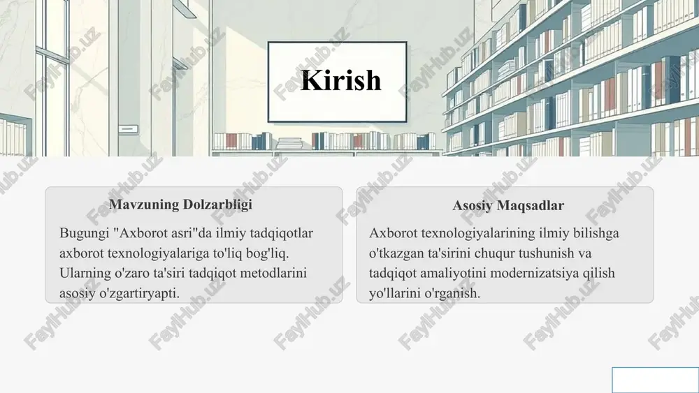 n olingan asl ma'lumotlar. 02 ikkilamchi axborot mavjud birlamchi ma'lumotlardan qayta ishlash va tahlil orqali yaratilgan yangi bilimlar. 03 ma'lumot uzatish ilmiy hamkorlik va kommunikatsiya orqali bilimlarni butun dunyo bo'ylab tarqatish va baham ko'rish. 7 axborot texnologiyalarining evolyutsiyasi 1 pre-mexanik davr abak, sayyora, o'lchash asboblari 2 mexanik davr pasp mashinalari, telejraf 3 elektromexanik davr telefon, radio, rele 4 elektron davr kompyuter, xotira qurilmalari 5 raqamli davr internet, cloud, ai 8 ilmiy tadqiqotlarda axborot texnologiyalarining roli zamonaviy ilmiy tadqiqotlarda axborot texnologiyalari (at) muhim vosita hisoblanadi. tadqiqotchi turli dasturiy vositalar yordamida ma’lumotlarni yig‘ish, qayta ishlash, tahlil qilish va taqdim etish imkoniyatiga ega. at yordamida tajriba natijalarini vizuallashtirish, modellash va statistik tahlil osonlashadi. ilmiy natijalarning aniqligi va ishonchliligini oshirishda axborot texnologiyalarining roli beqiyosdir. axborot tizimlari va ilmiy bilish axborot tizimlari — bu ma’lumotlarni saqlash, qayta ishlash va tarqatish imkonini beruvchi kompleks mexanizmdir. ular ilmiy axborotni tezkor ravishda olish va almashish uchun xizmat qiladi. …
