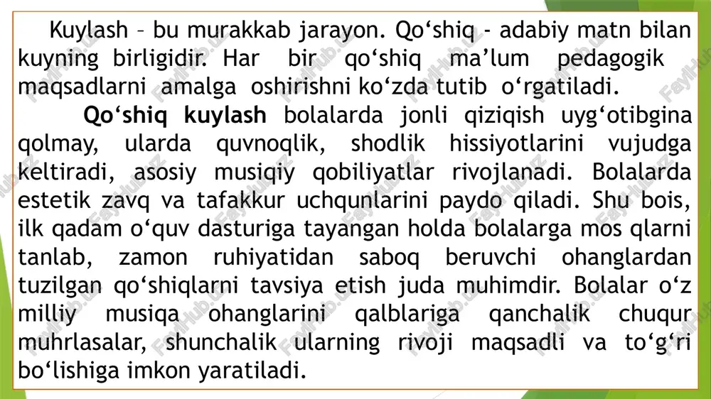 (to‘g‘ri nafas olish, jumlani oxirigacha tejab yetkazish , ijrochilik sifatlari ustida ishlash) 5. qoshiqni badiiy ijrosiga erishish (qo‘shiq haqidagi bolalart taassurotlari yuzasidan qisqa suhbat o‘tkazish ya’ni,umumlashtirish) matn va ohang talaffuzining aniqligi ma’lum me’yorga kelgandan so‘ng, qo‘shiqning badiiy ijrosiga erishiladi. qo‘shiqni vaqti-vaqti bilan takrorlab kuylab turish lozim. aks holda uning matni o‘quvchilar xotirasidan ko‘tarilib qoladi. har bir, darsda ayniqsa, yangi qo‘shiqni o‘rgatishdan oldin, ilgari o‘rganilgan qo‘shiqni takrorlab turish, bolalar ijrosidagi ayrim nuqsonlarni tuzatib borishga yordam beradi. bolalar toliqmasliga uchun qo‘shiq o‘rgatish shakllari o‘zgartirilib boriladi. masalan: guruhlarga bo‘lib o‘rgatish, yakkaxon va xor jo‘rligida. mukammal o‘rgangandan so‘ng, ularning qiziqishi yanada ortadi. talaffuz vokal-xor malakalari 6 (olti) turga bo‘linadi: darsda qo‘shiq kuylash holati ashulachilik nafasi ovoz hosil qilish sozlanish ansambl o‘g‘il bolalarda ovoz registr jihatidan bir oktava pasayib yo‘g‘onlashadi natijada o‘g‘il bolalar qo‘shiq aytganda ba’zan kuy ohangiga tusha olmaydilar, qiynaladilar yuqori notalarni kuylashga murakkabliklarga duch kelishadi. o‘g‘il bolalar tomog‘ida ovoz boylamlari yo‘g‘onlashadi, qizaradi, atroflarida …